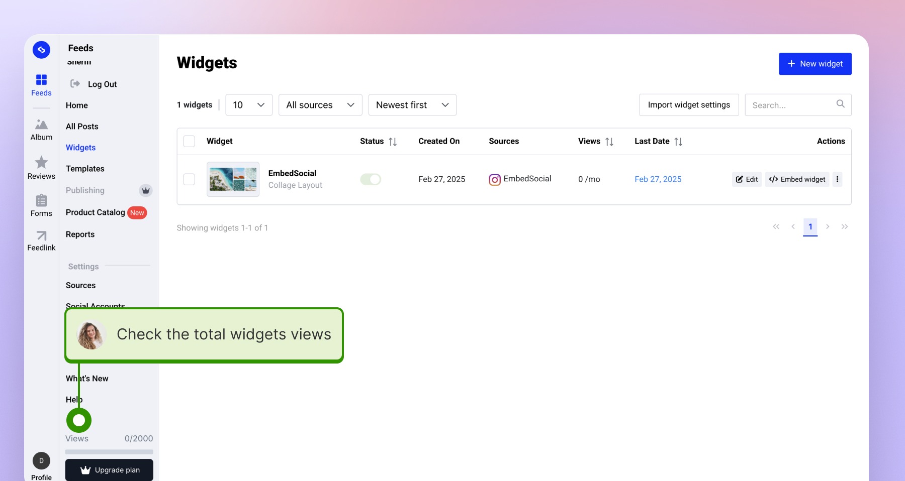 Widget views usage meter in the bottom-left corner of the dashboard