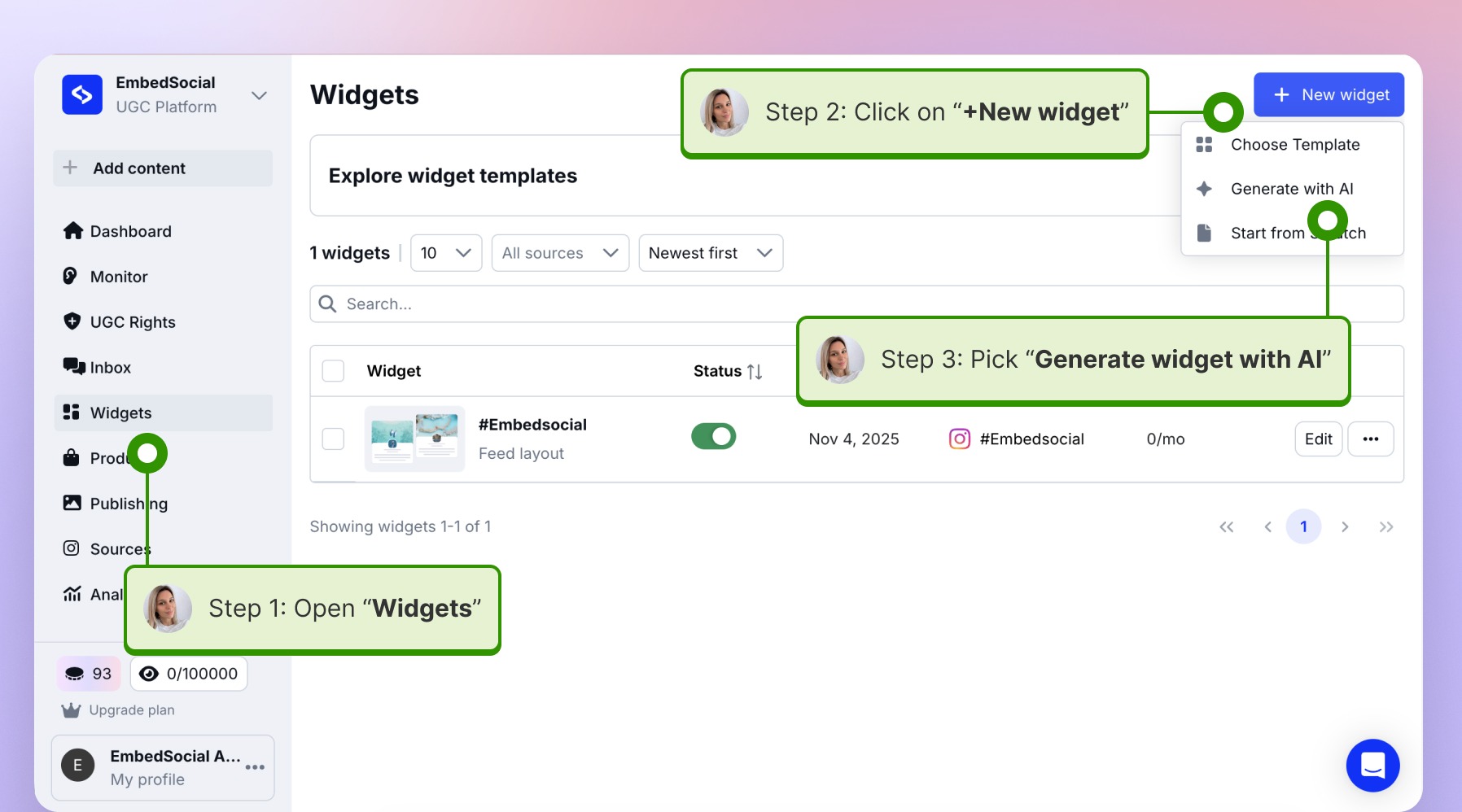 Clicking on the New widget button and picking Generate with AI