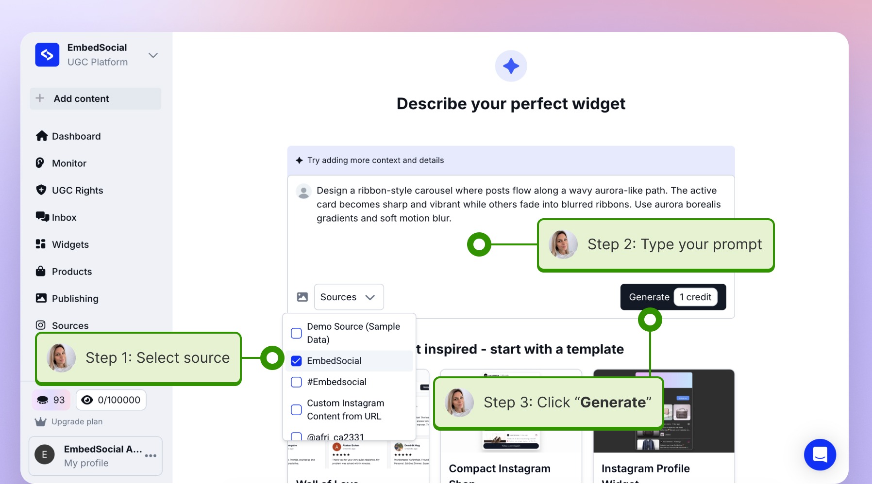 Typing a prompt in the AI widget generator and clicking Generate