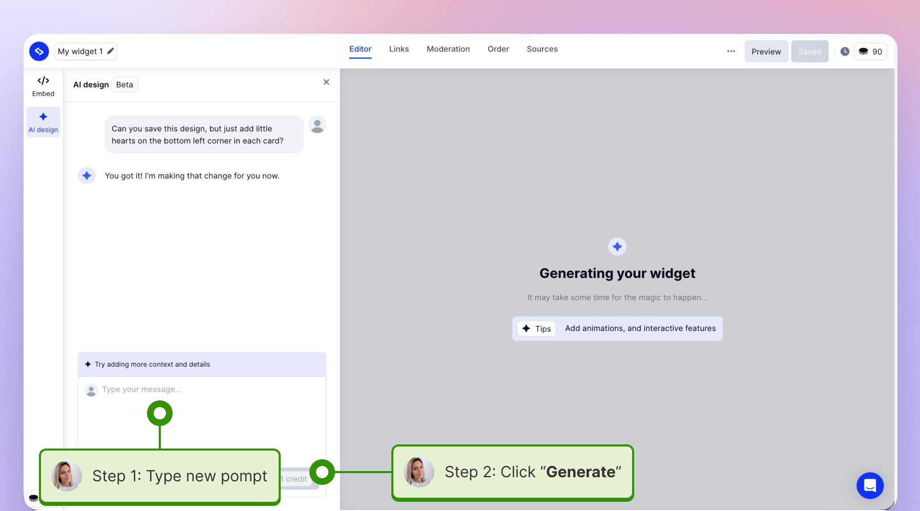 Improving the generated widget with a follow-up prompt