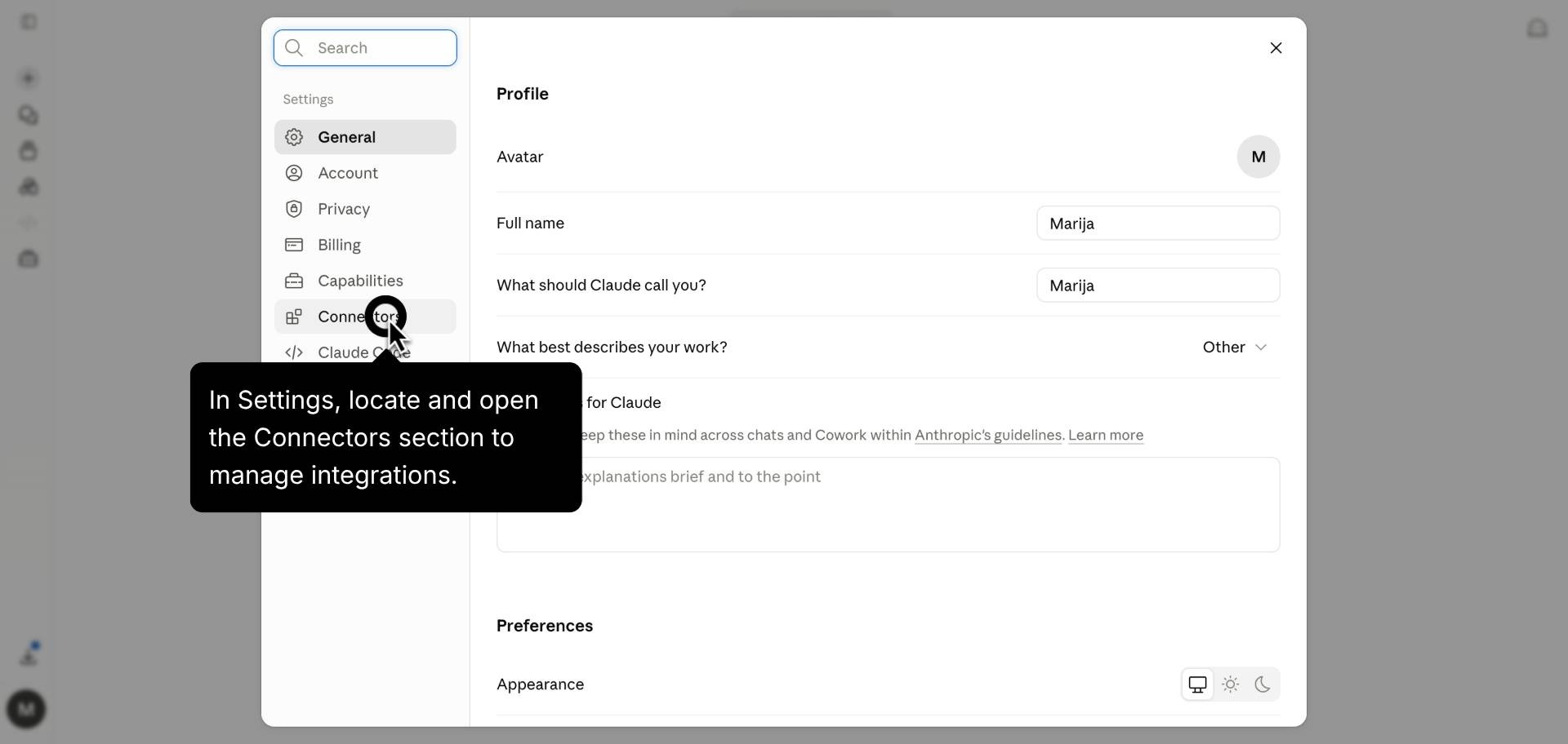 Opening the Connectors section in Settings.