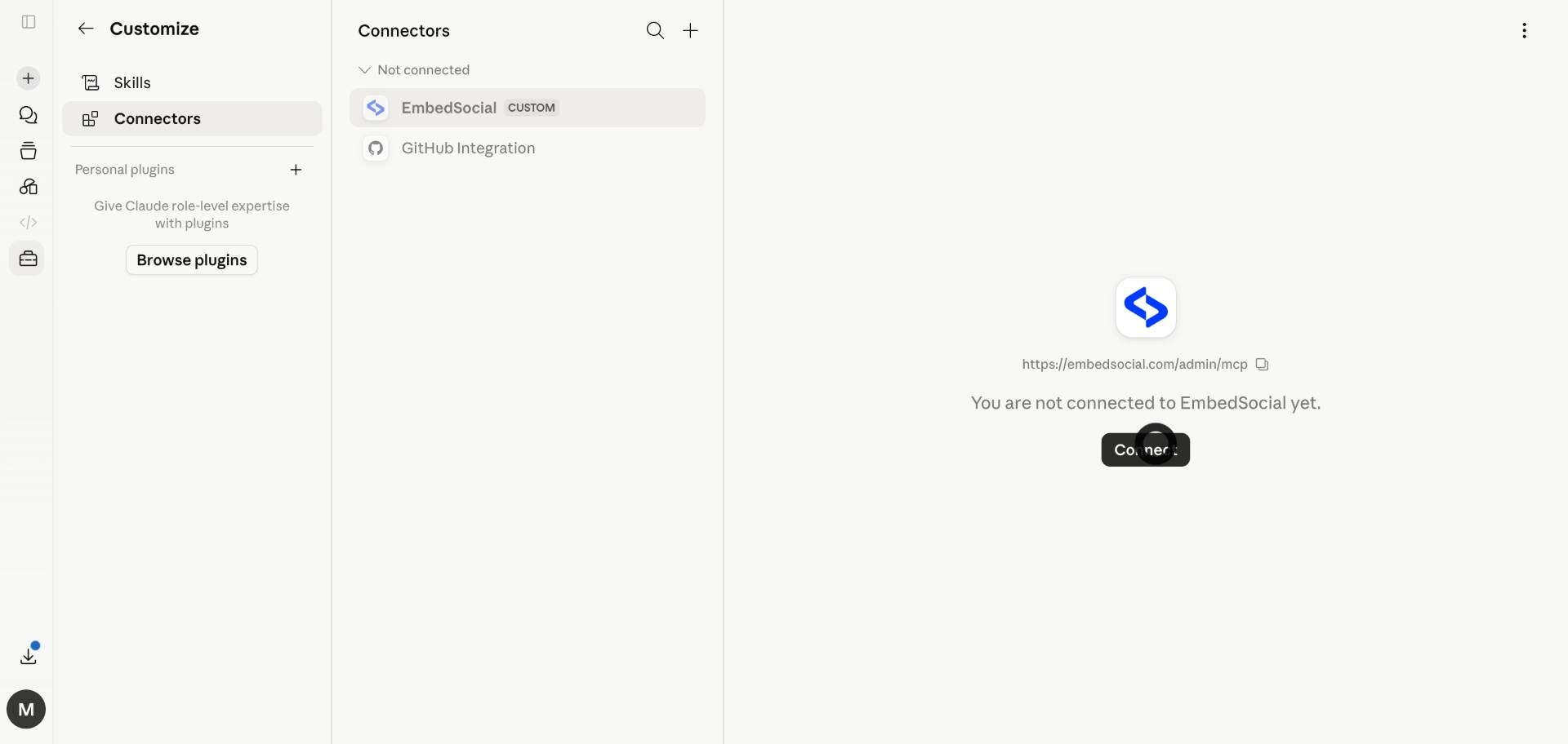 Clicking the Connect button for EmbedSocial.