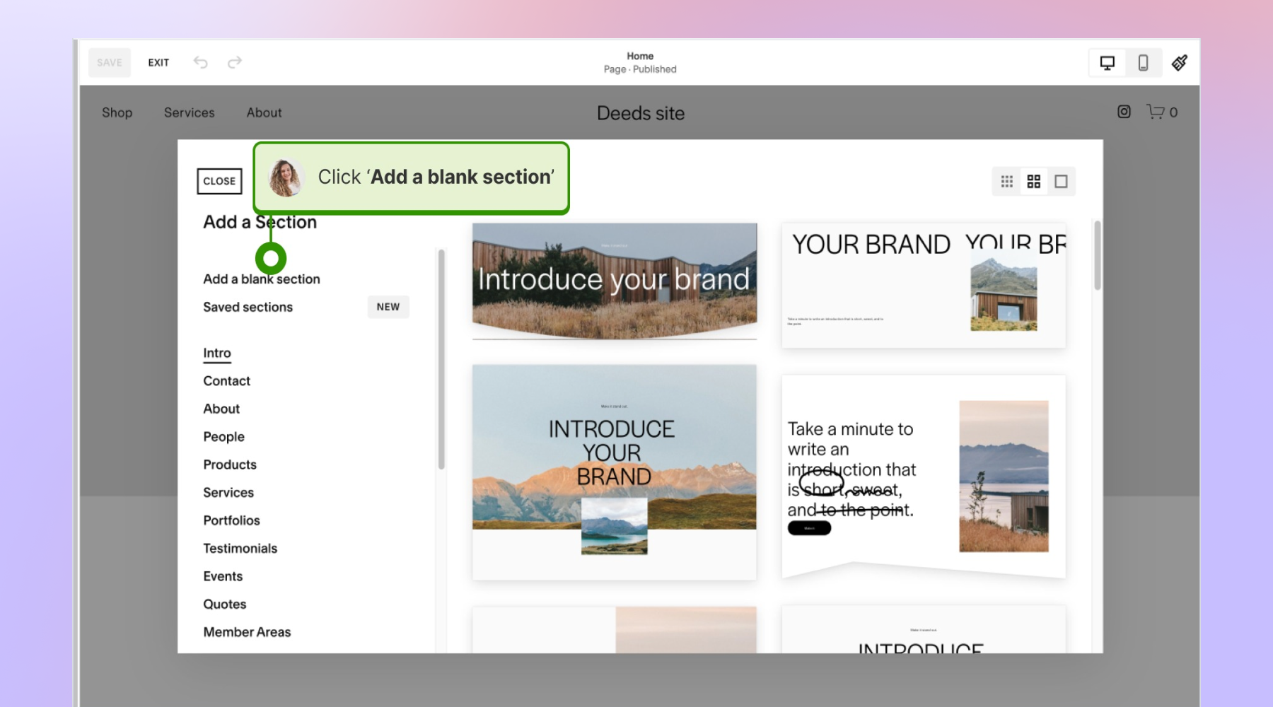 Adding a blank section in Squarespace