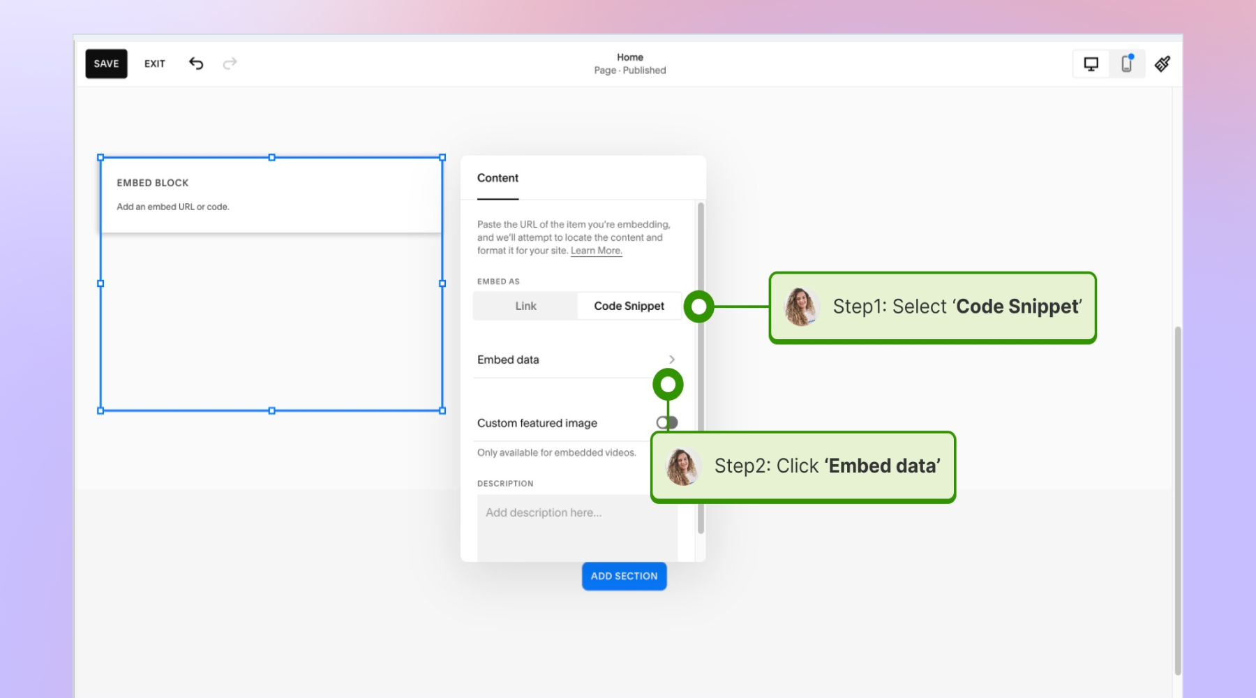 Pasting the  widget code in Squarespace