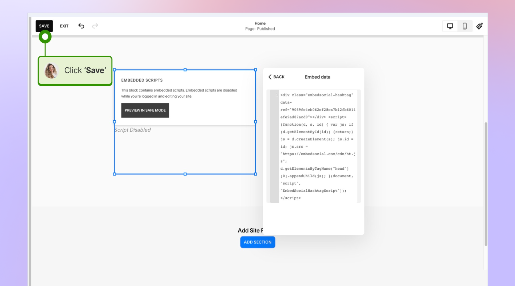 Pasting the widget code in Squarespace and clicking save