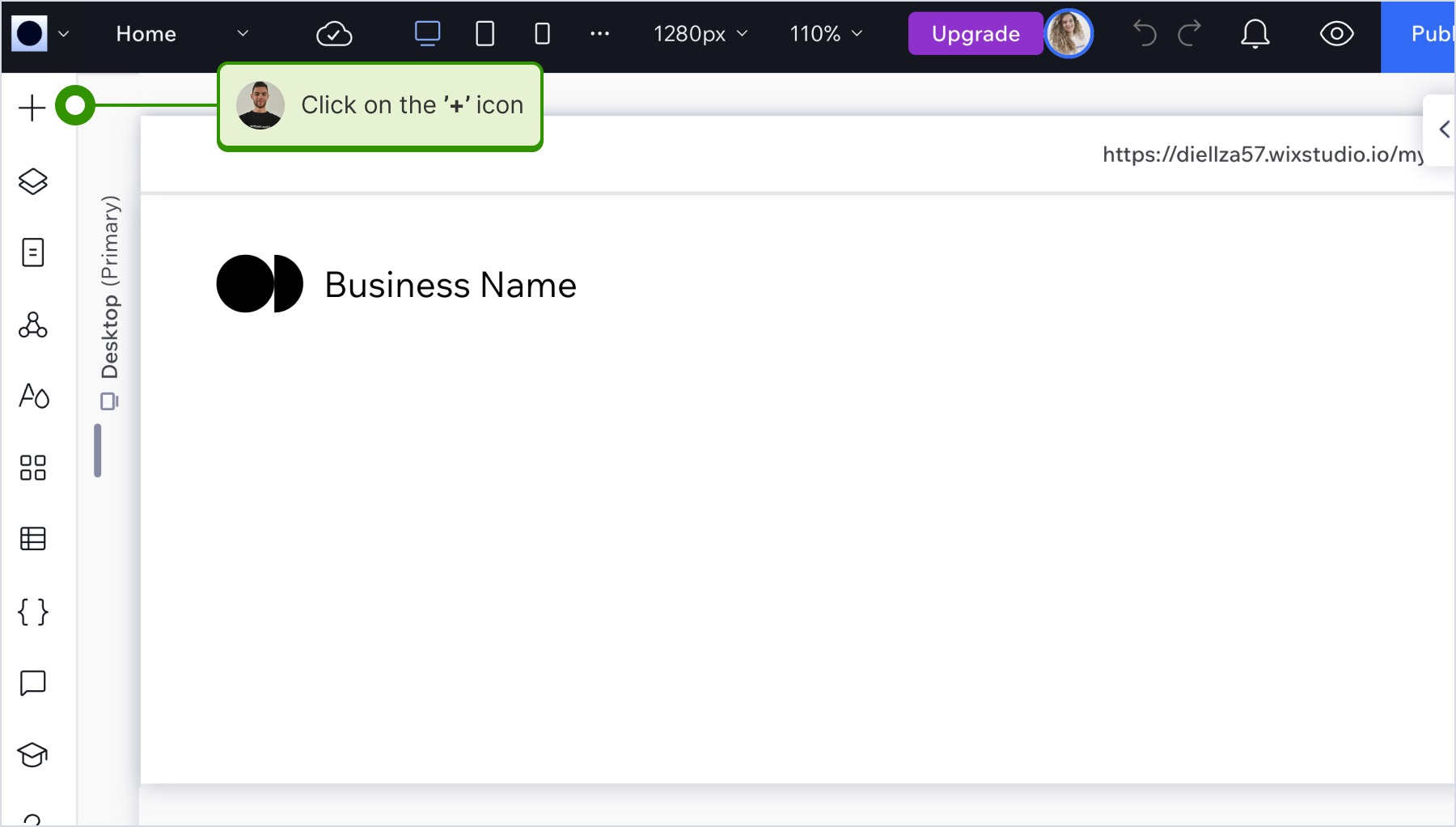 Clicking the '+' icon on Wix