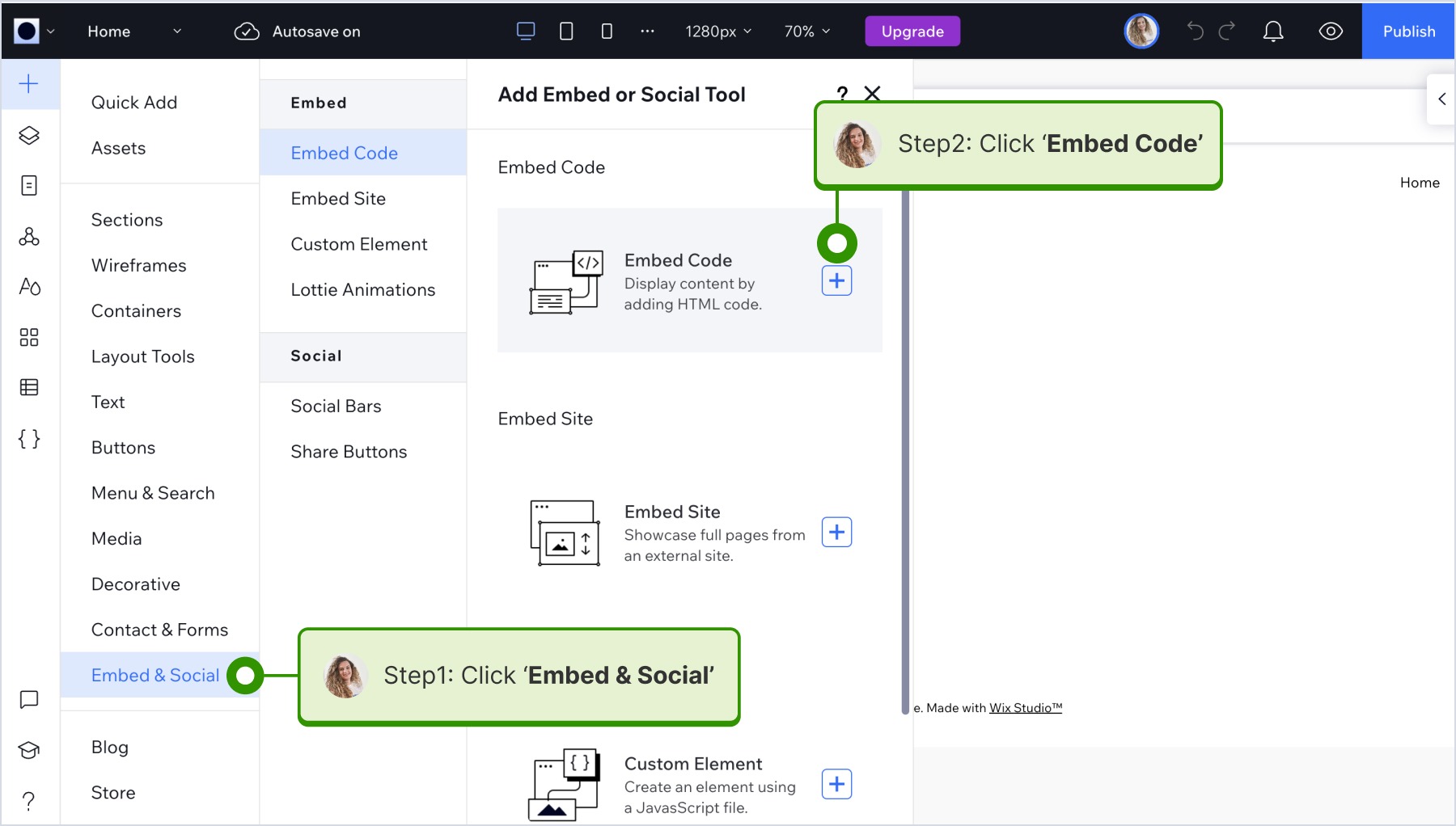 Clicking on Embed &amp;amp;Social and selecting the embed code option