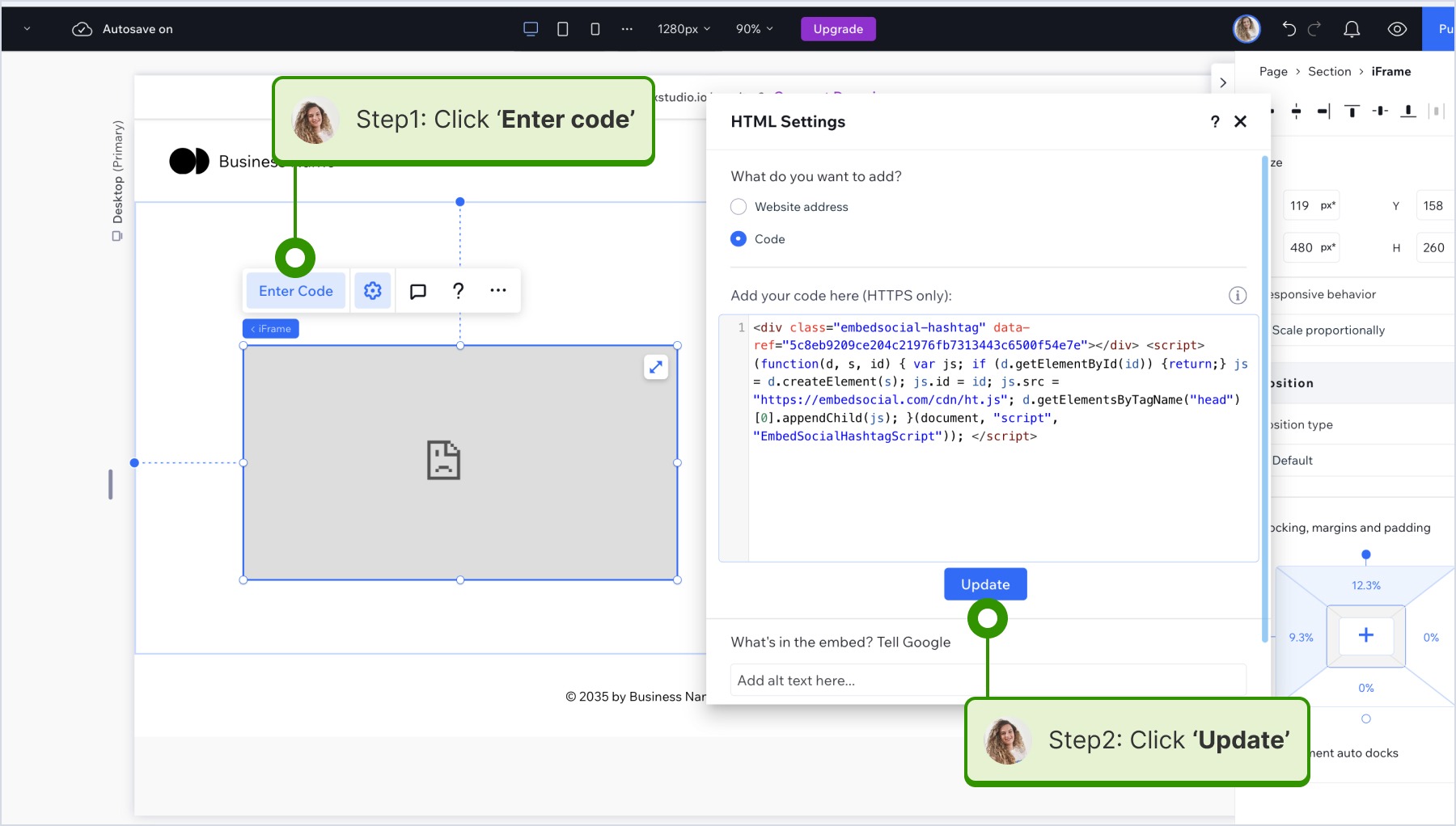 Entering the HTML code