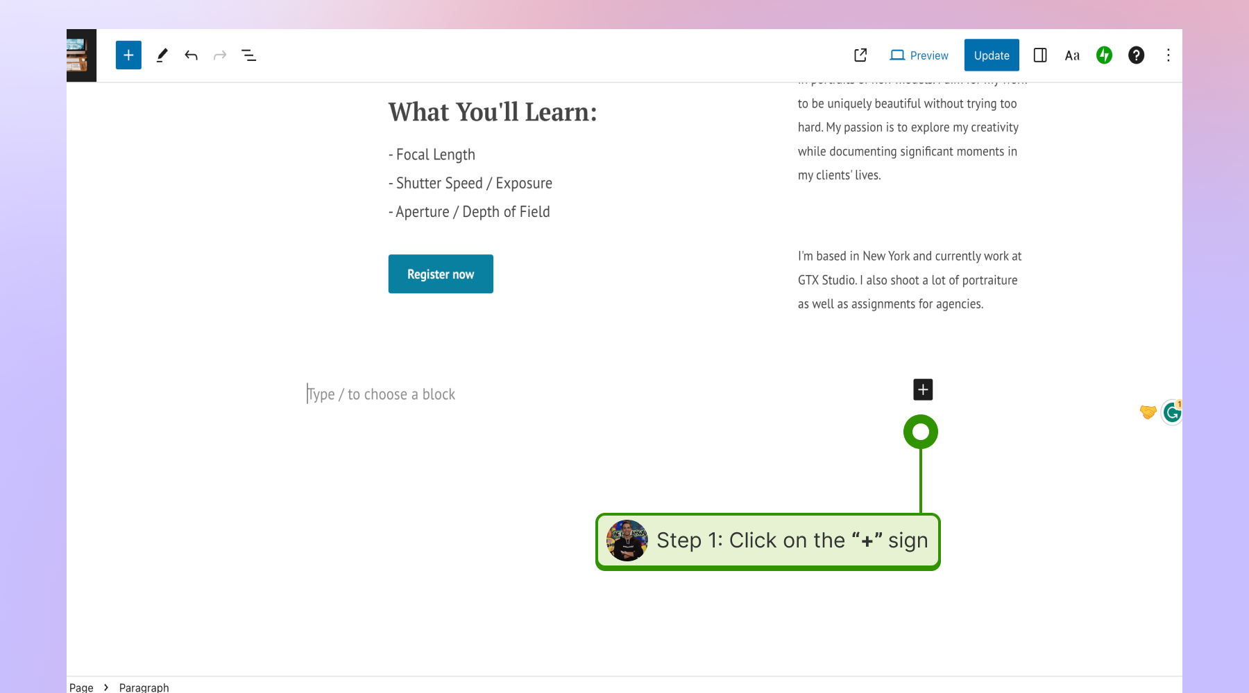 Clicking on the '+' icon in order to create section for embedding the widget