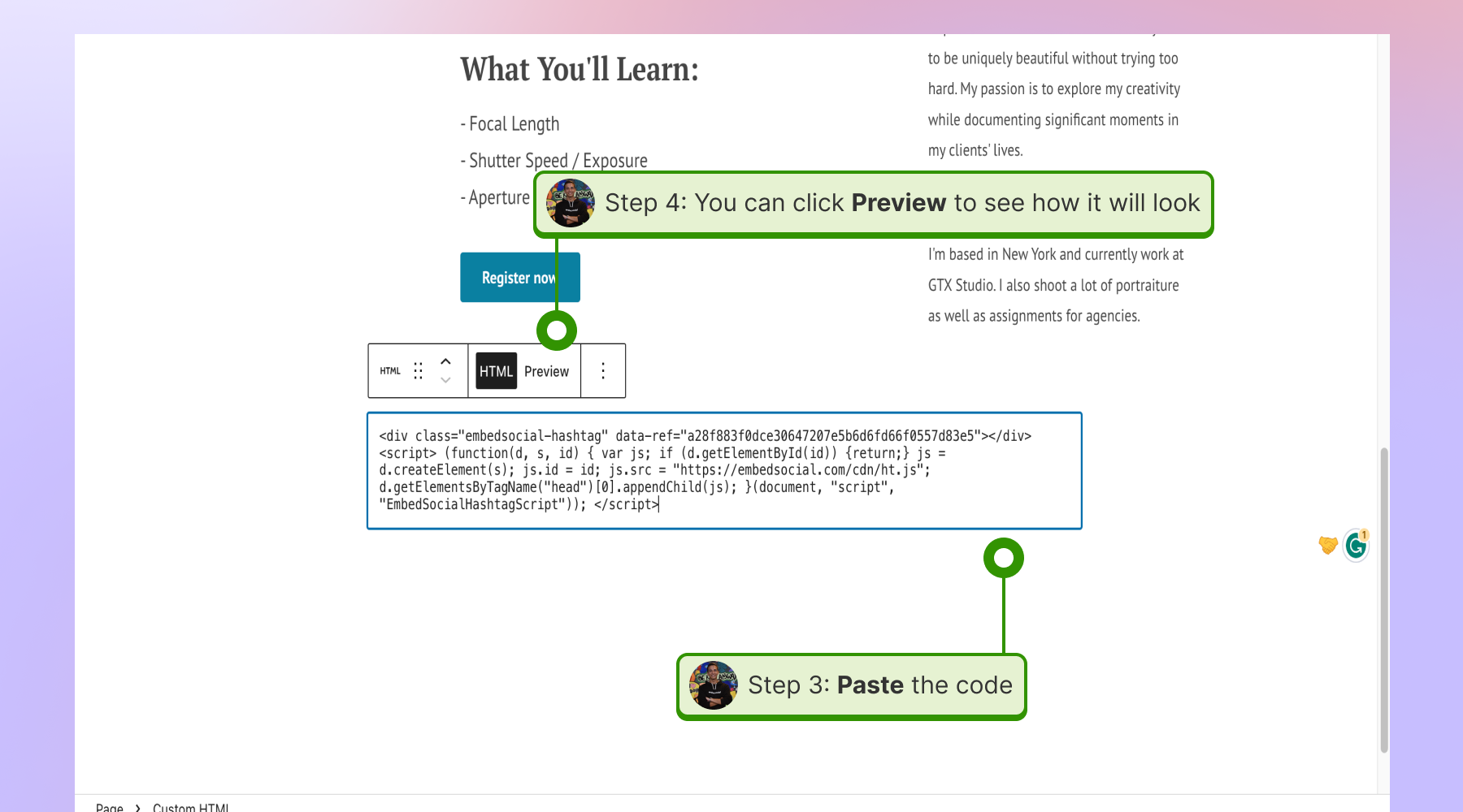 Pasting the widget code in the pop-up