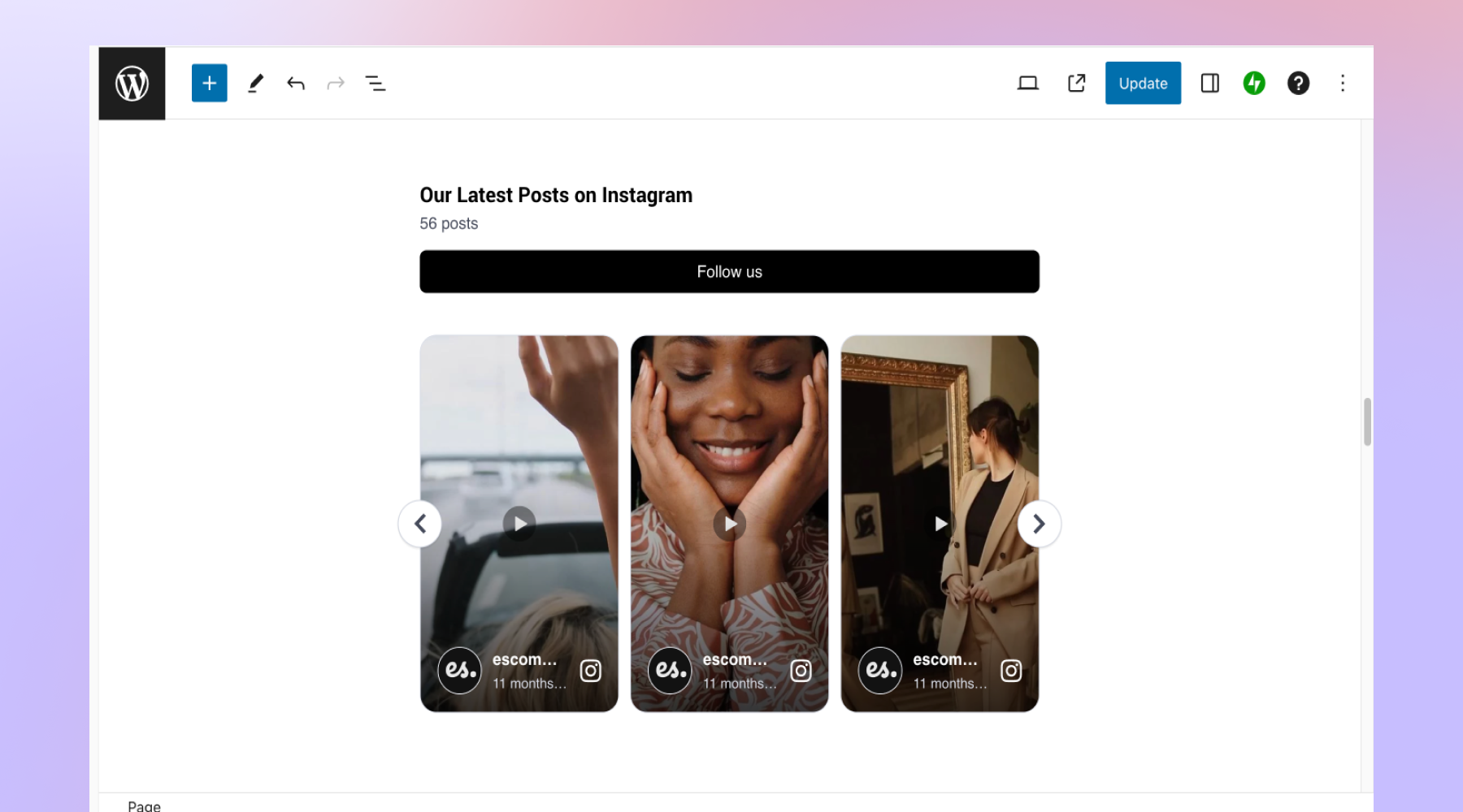 Example of Instagram widget embedded in WordPress