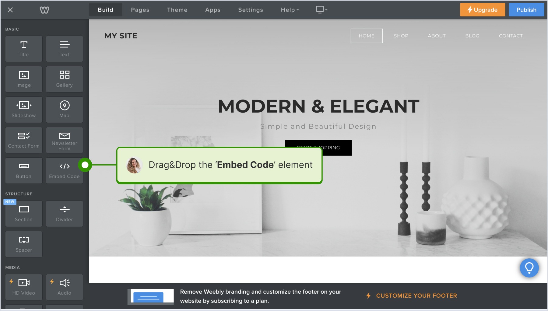 Choosing the section for widget placement and drag and dropping the embed code element on the editor