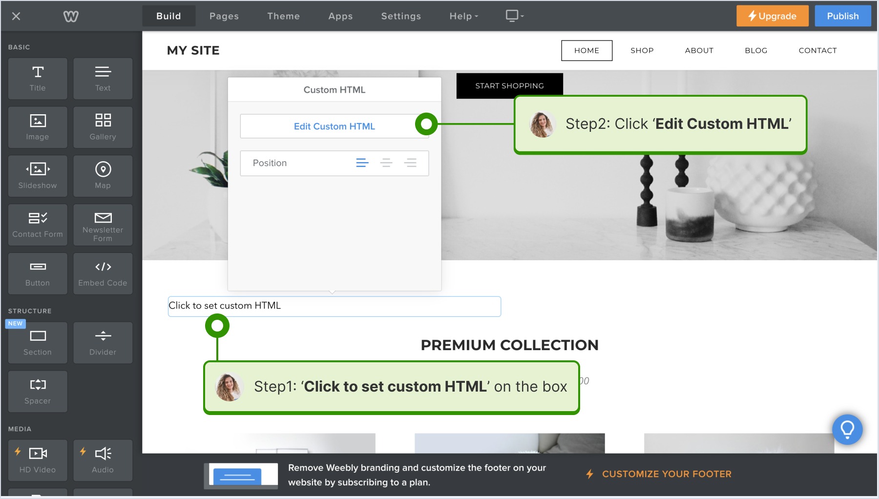 Opening 'Edit Custom HTML' dialog box 