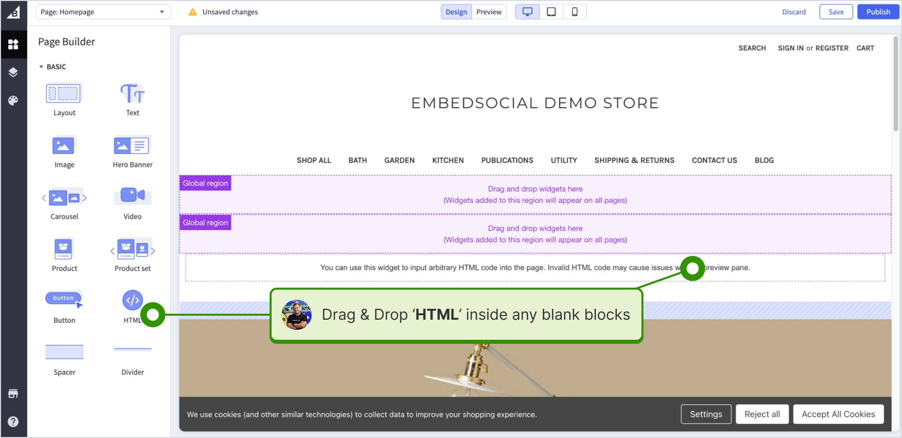 Dragging and dropping HTML element into the page editor