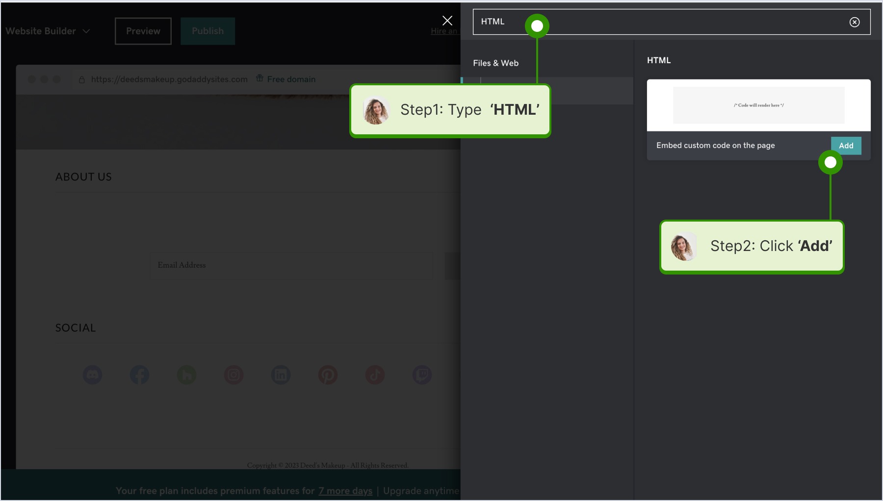 Cking on 'Add' and typing HTML on a popup on GoDaddy