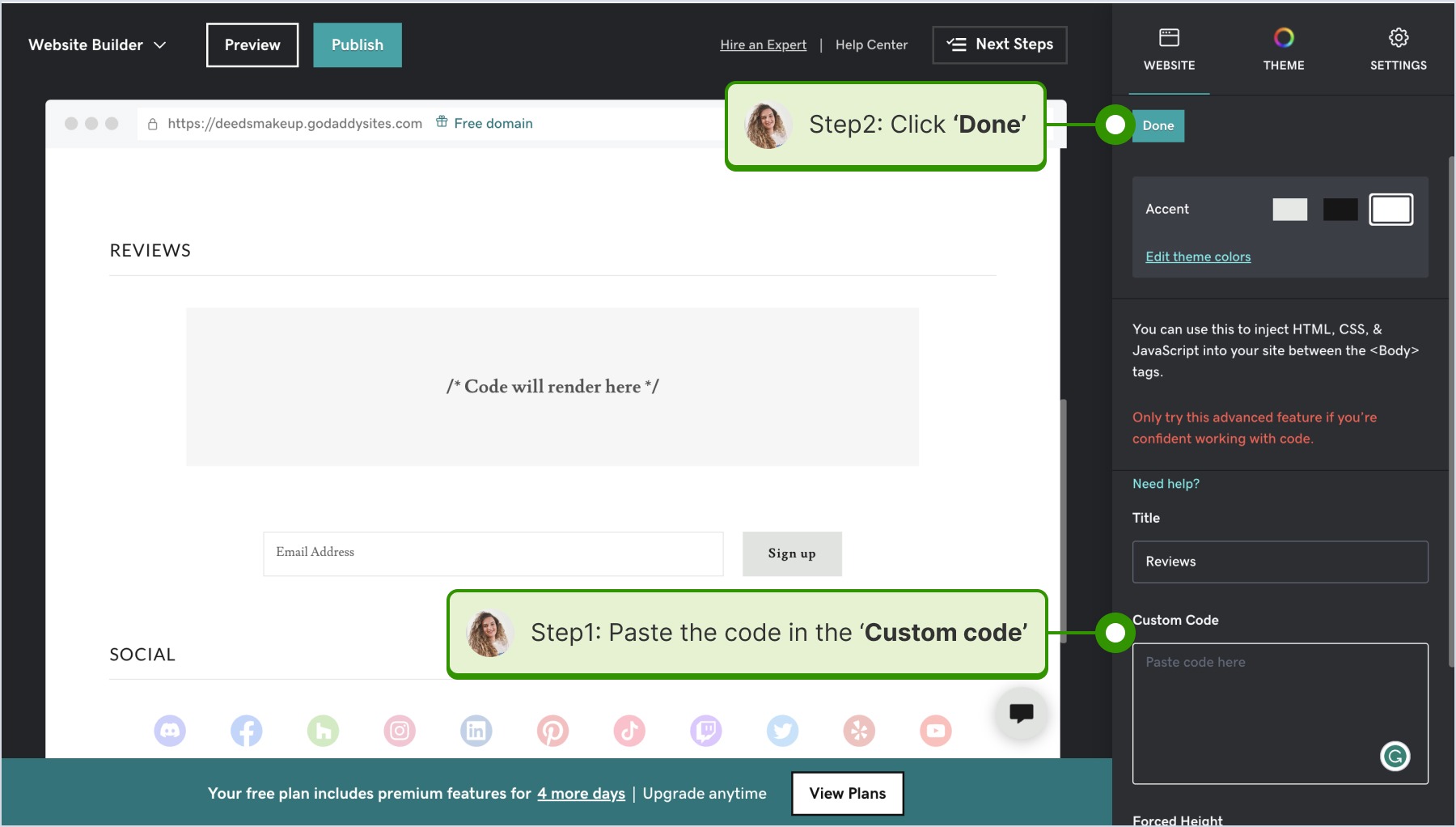 Pasting the code and clicking 'Done' in GoDaddy