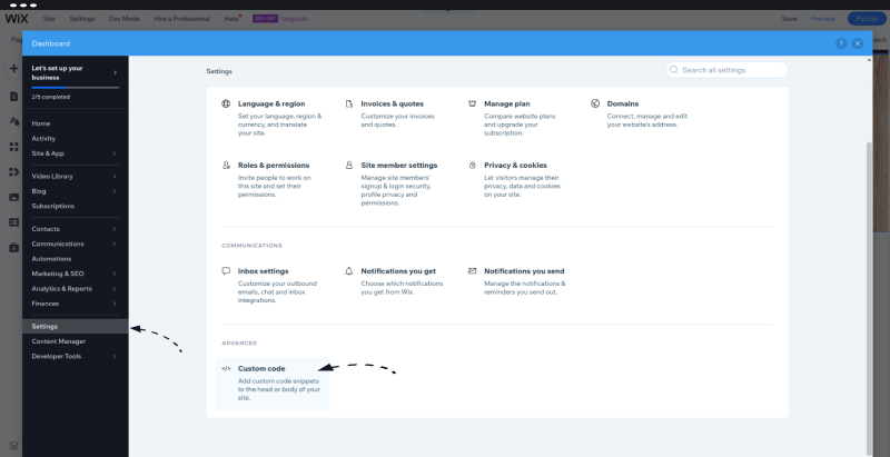 Selecting Custom Code option