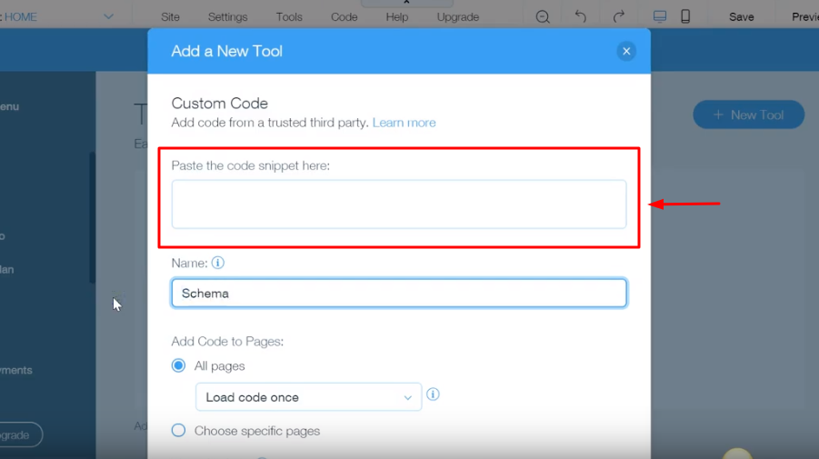 Pasting the schema code