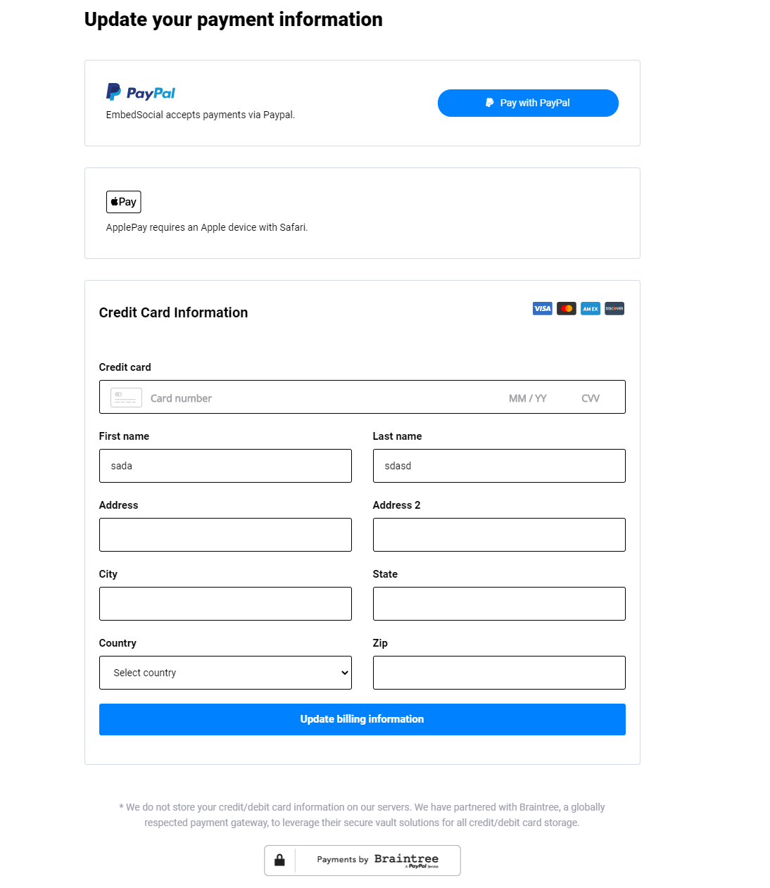 Billing page