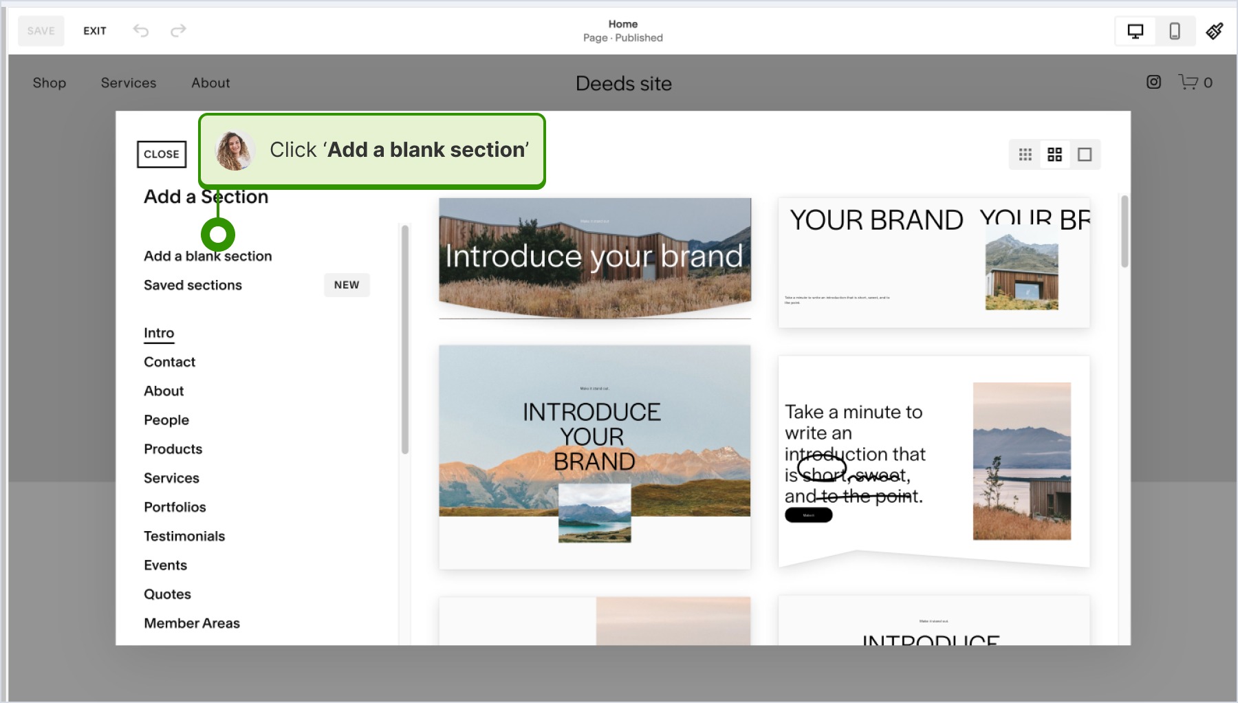 clicking on adding new blank section