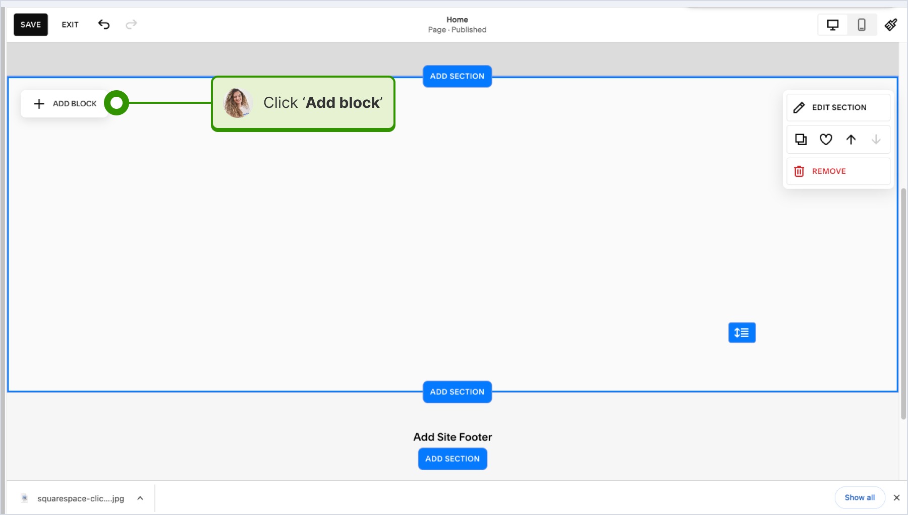 clicking on adding new block