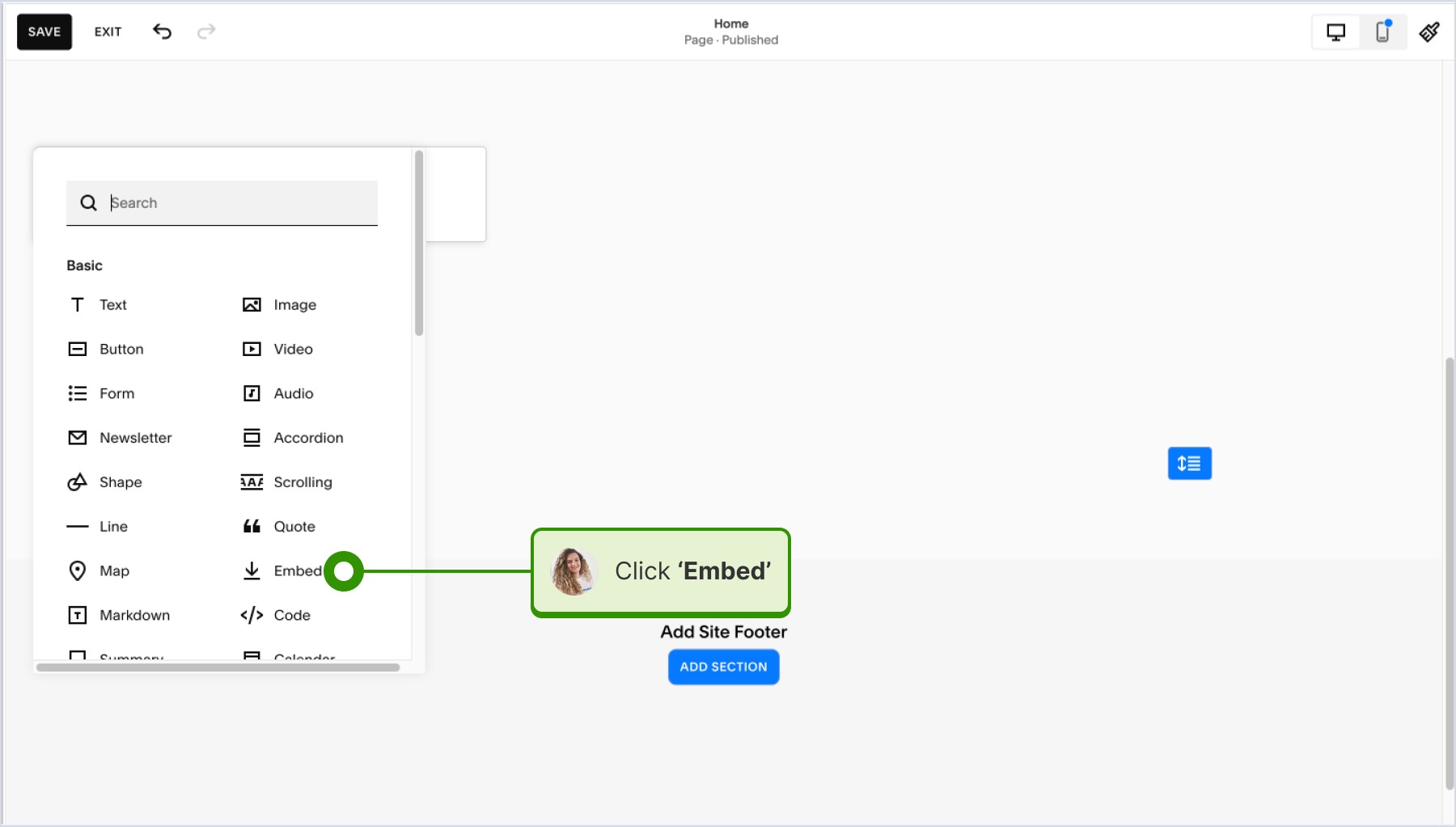 clicking on Embed