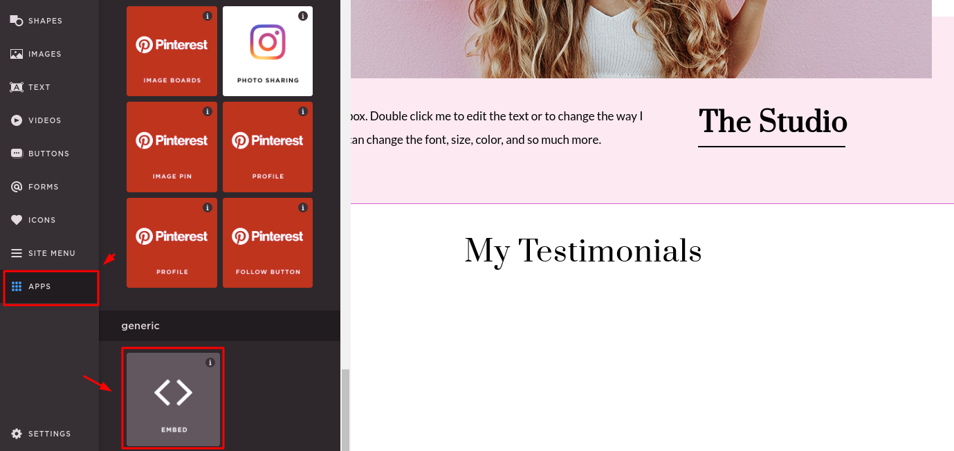 Selecting the Apps settings and choosing the Embed option