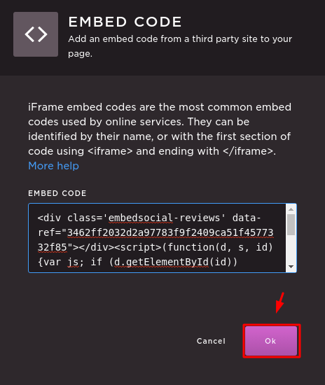 Pasting the widget ode and clicking ok