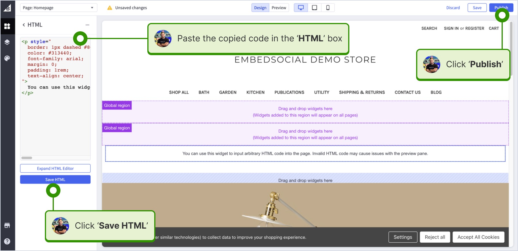 Pasting the widget code into the HTML block and publishing the page