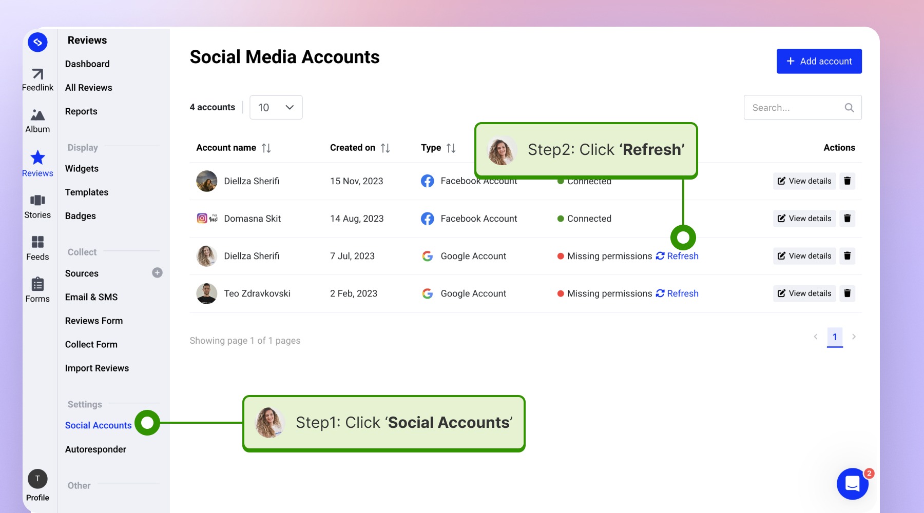 Navigating to the social accounts and refreshing the permissions 