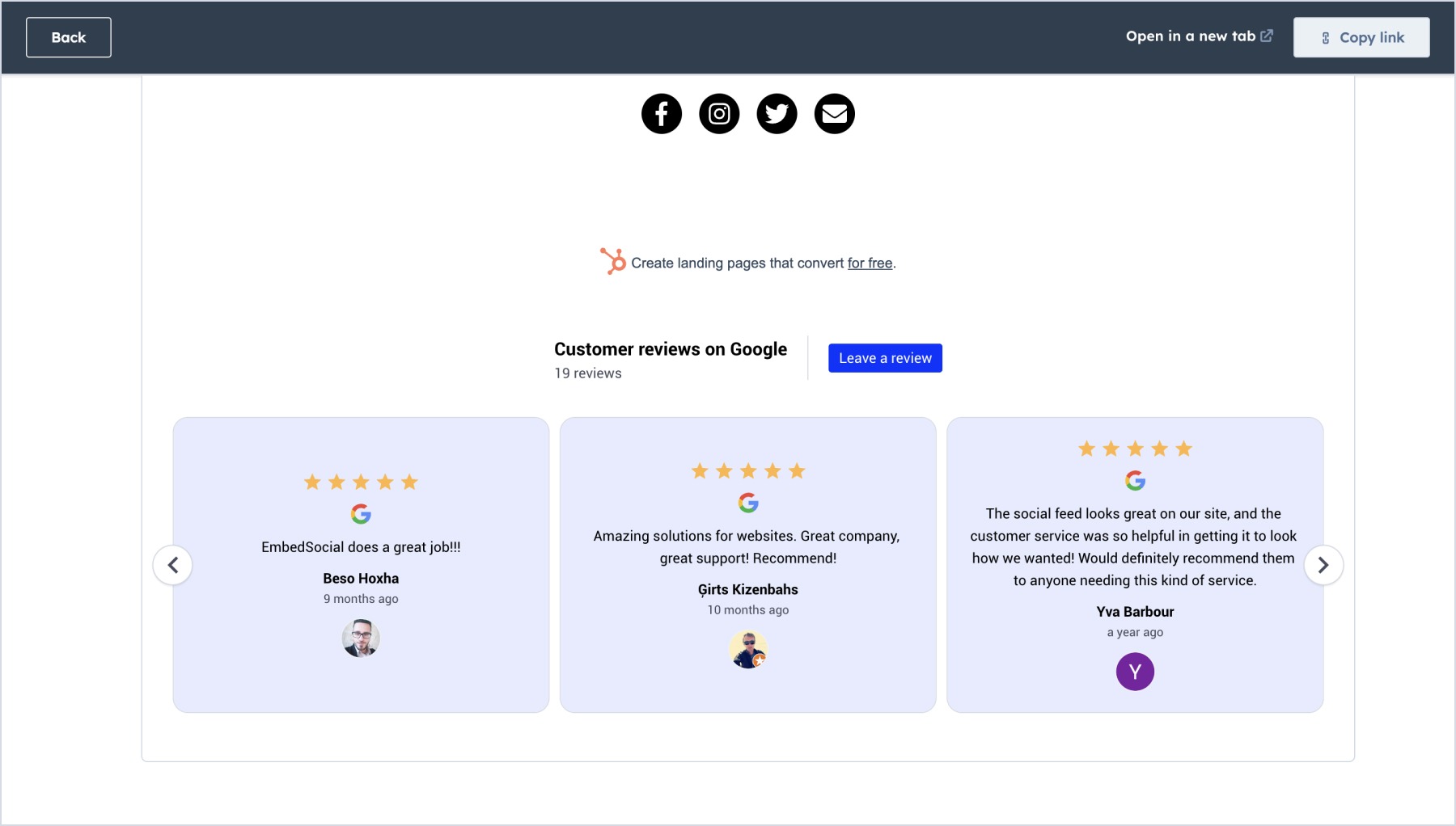 Example of Google reviews widget embedded in Hubspot landing page