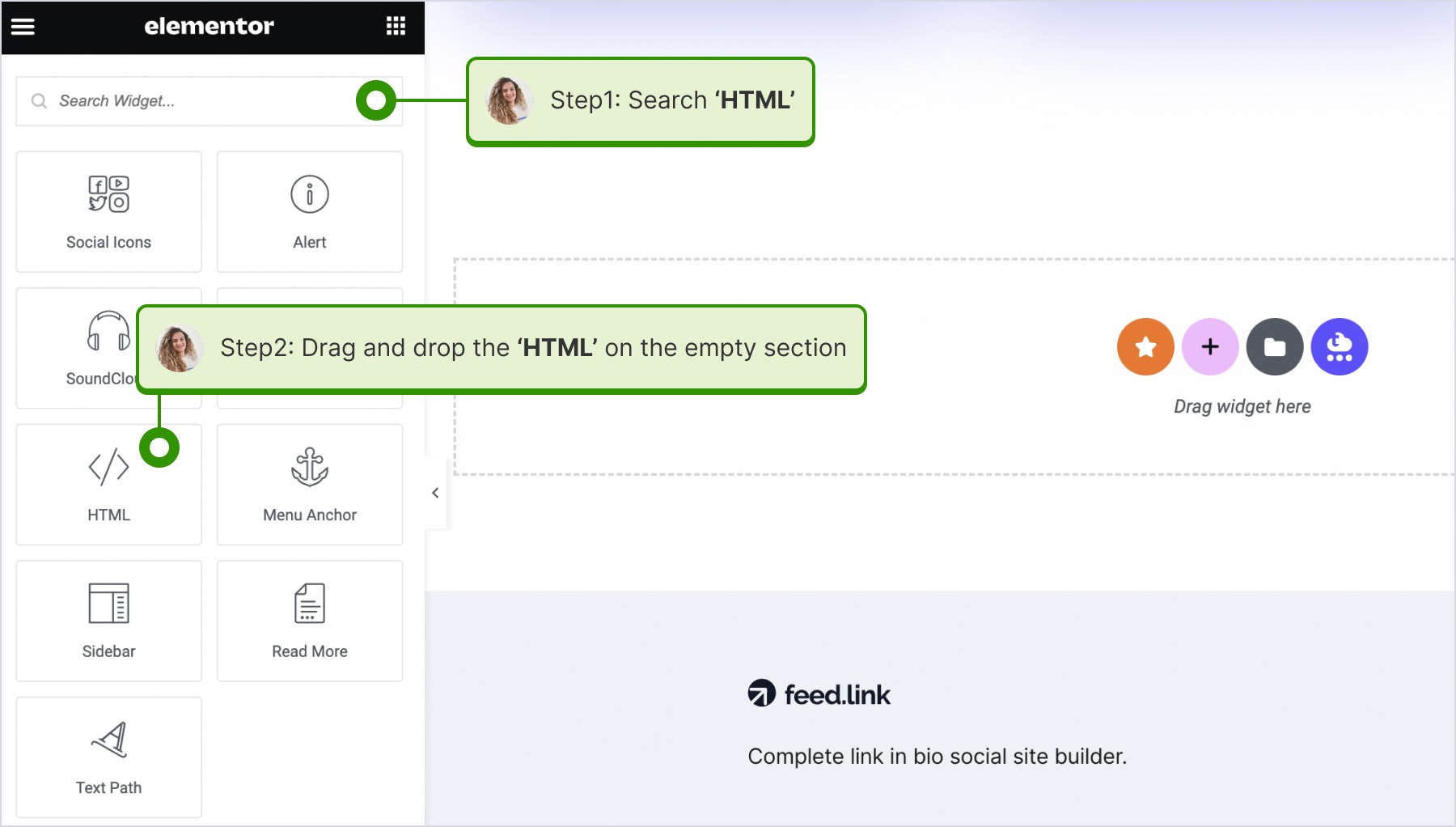 searcing for HTML and drag and dropping into a blank space to embed the widget