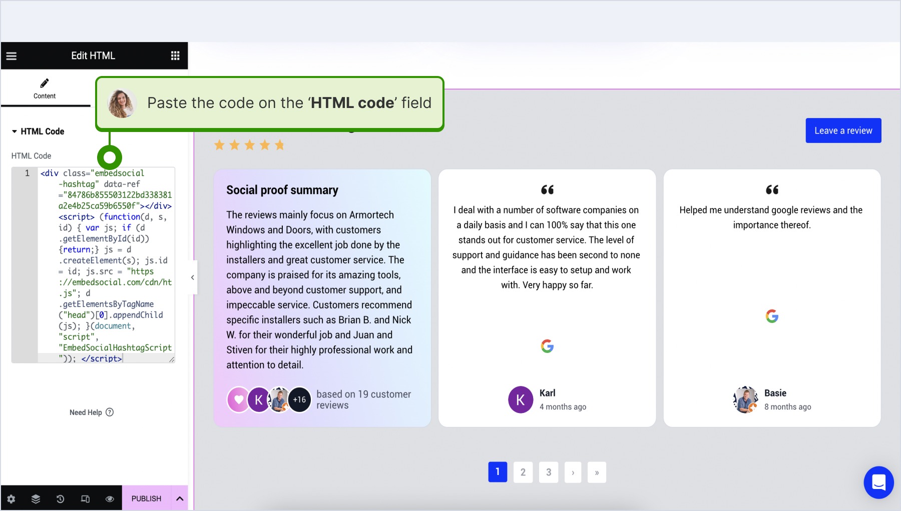 pasting the code and saving