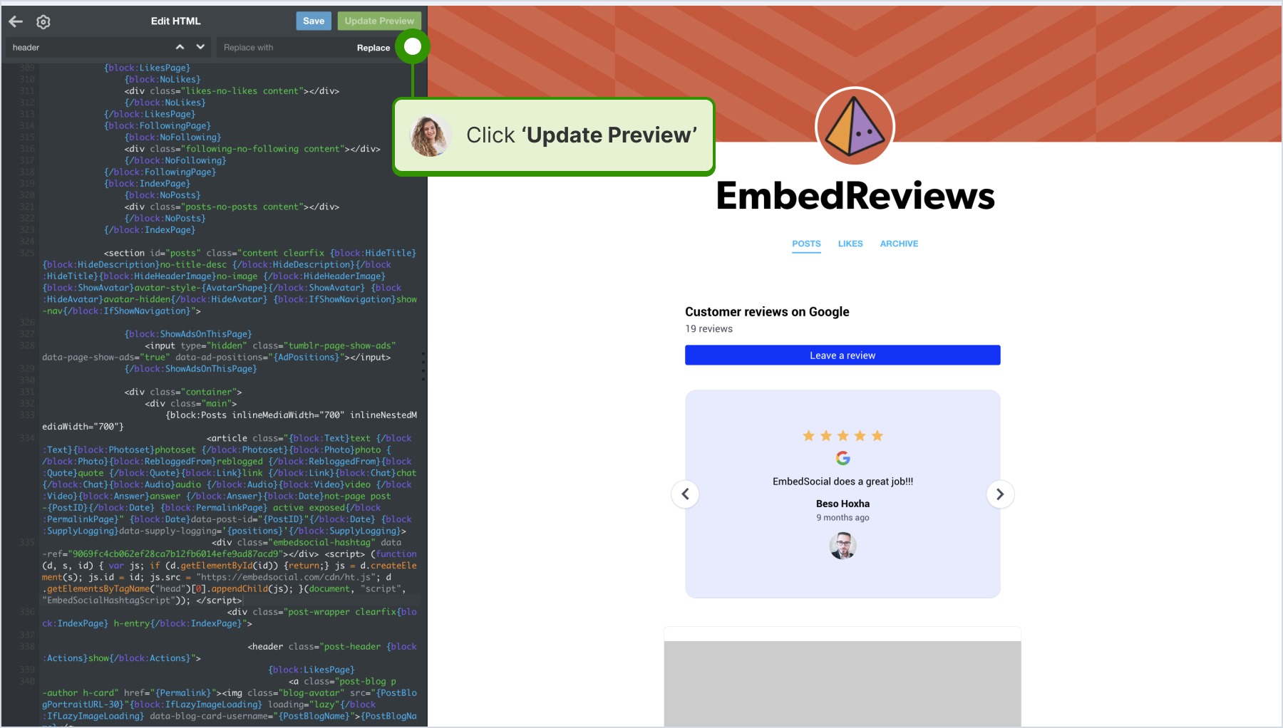 Clicking on update preview