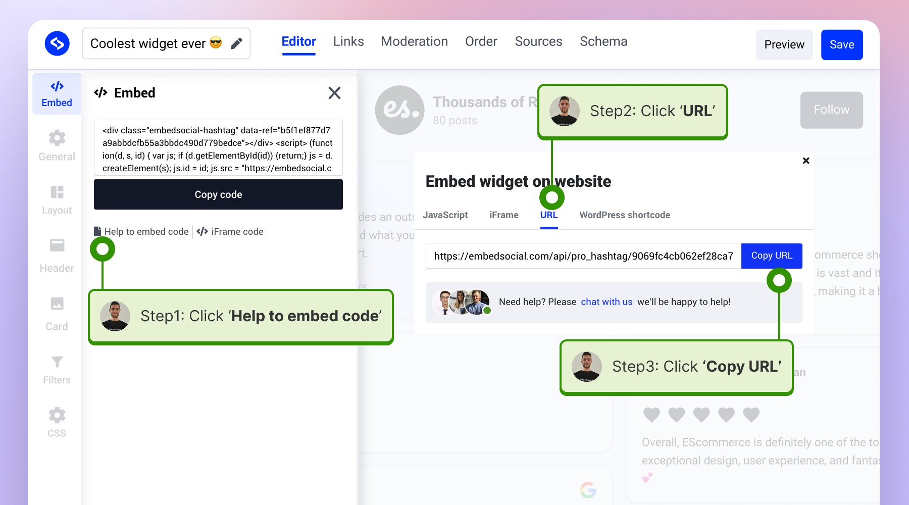 Copying the widget URL
