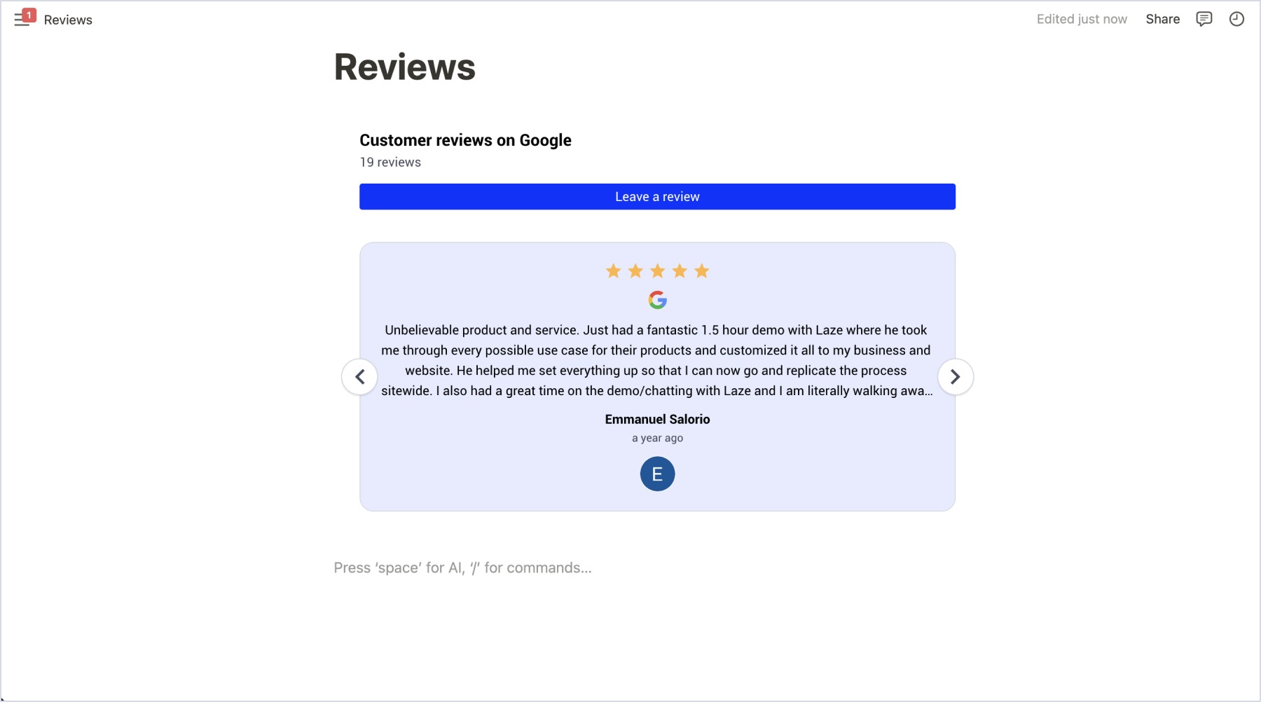 Example of Google reviews in Notion