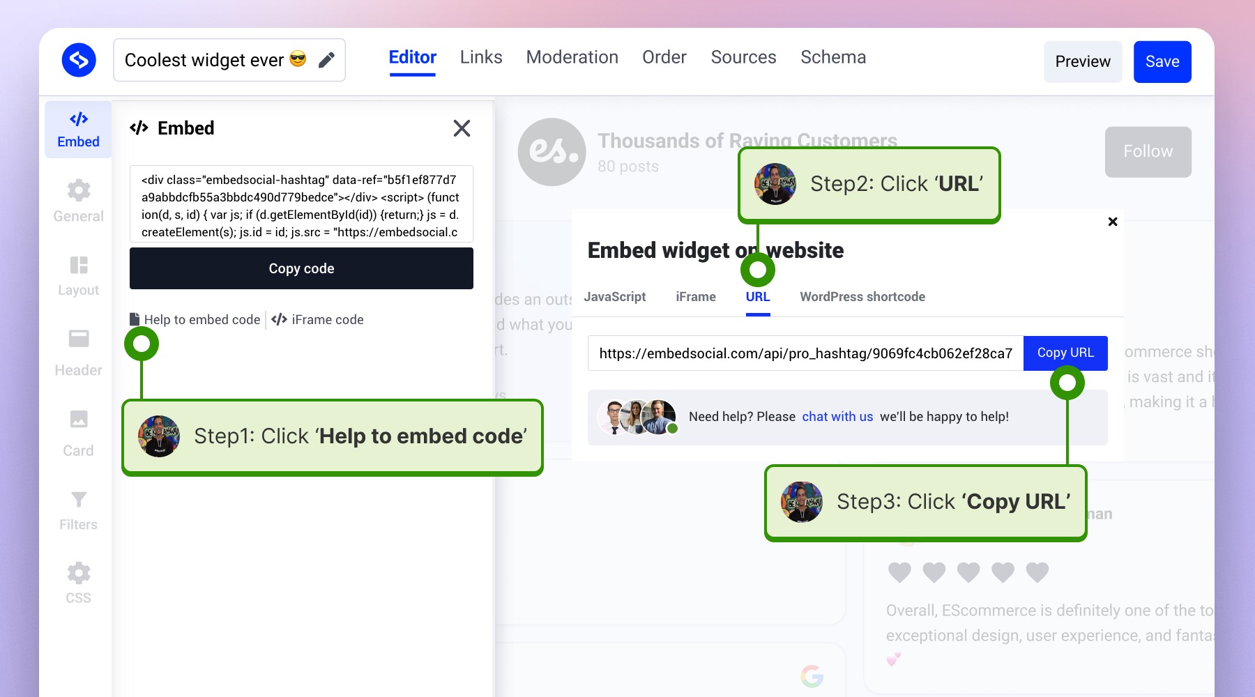 Copying the widget URL