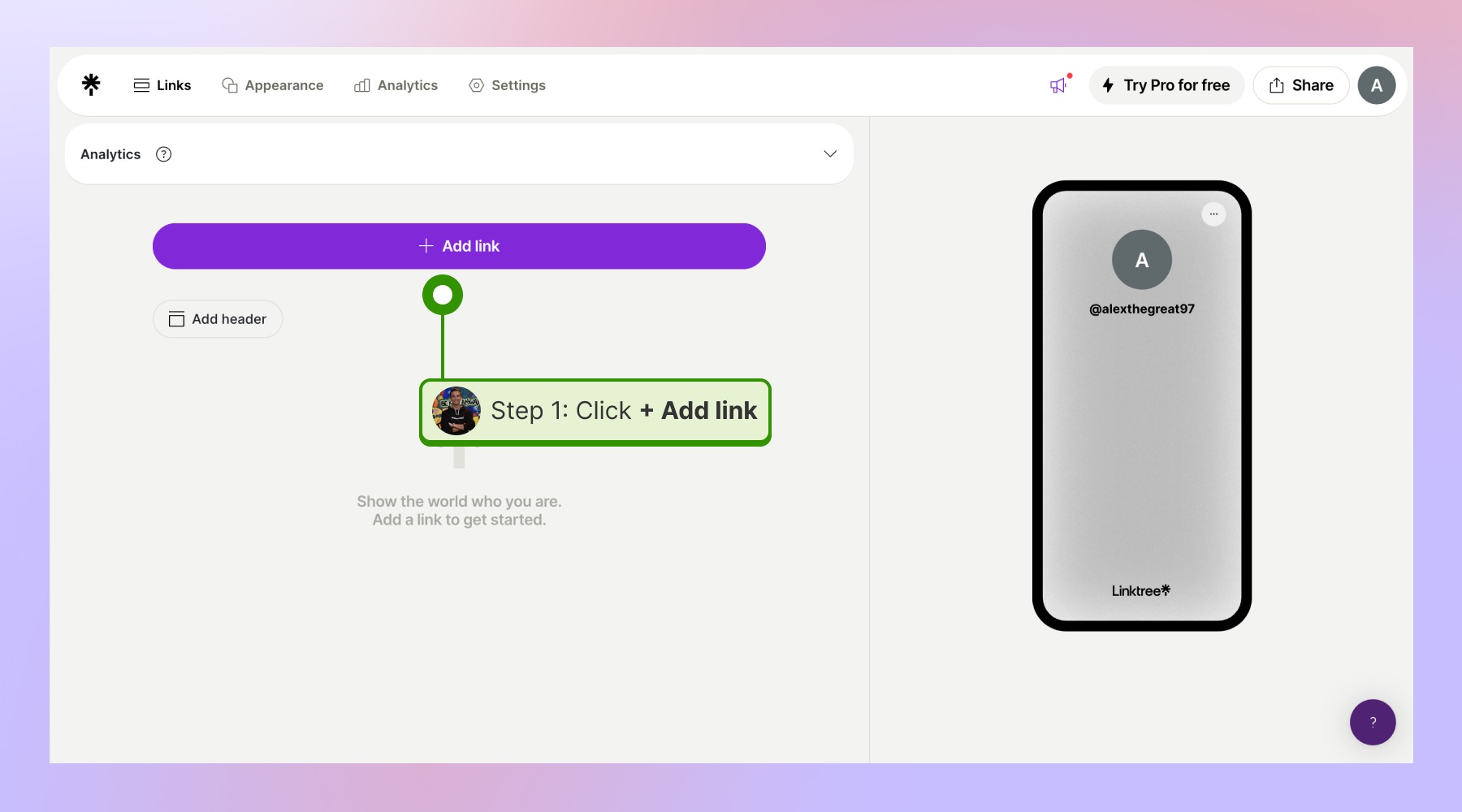 Adding a link in Linktree