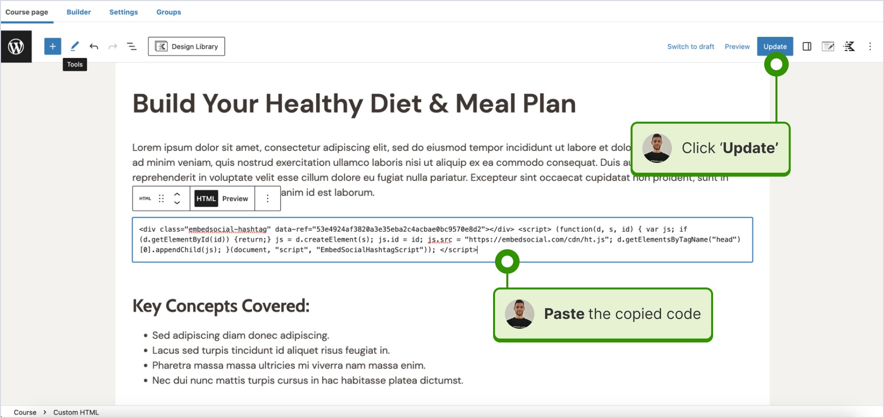 paste the code and click update