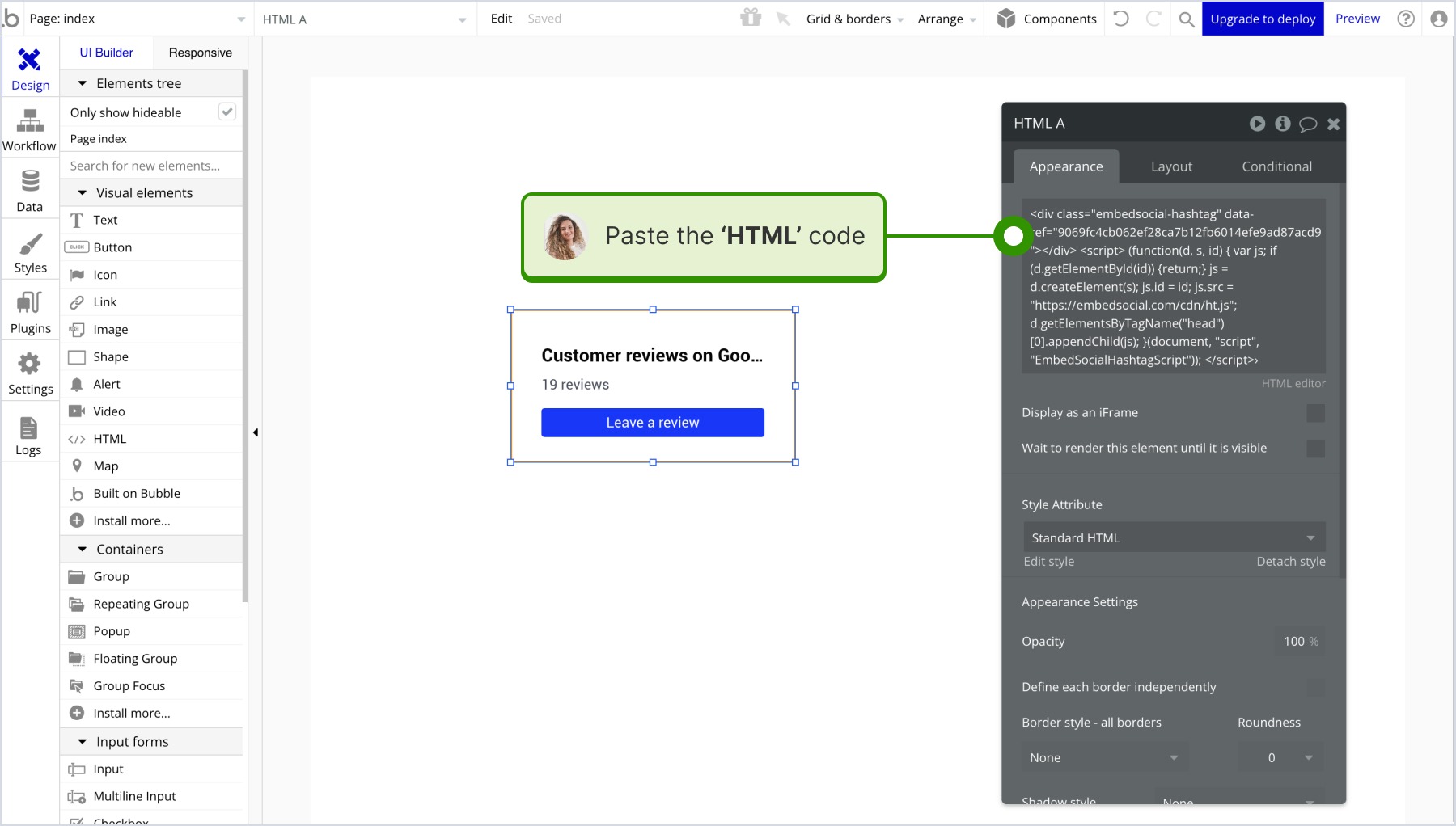 pasting the html and clicking save