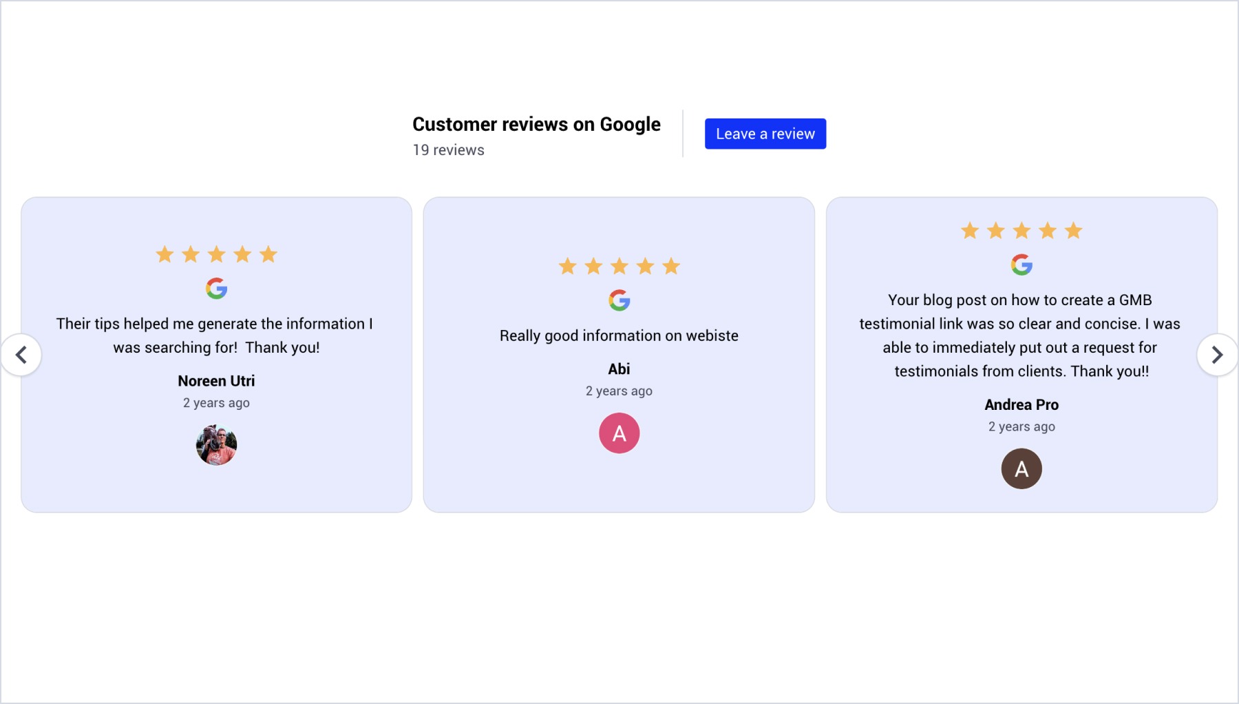 Example of Google reviews widget embedded in Brizy