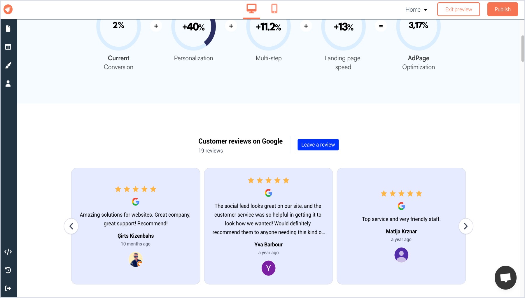 Example of Google reviews widget embedded in FastPages