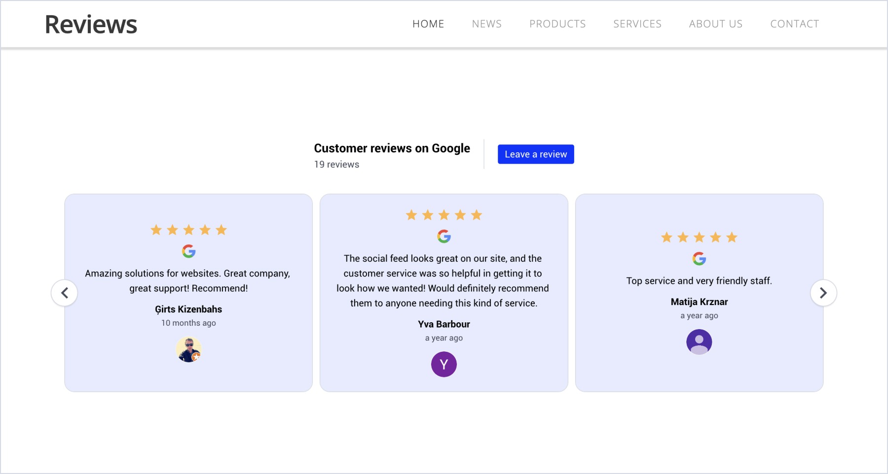 Example of Google reviews widget embedded in Mozello