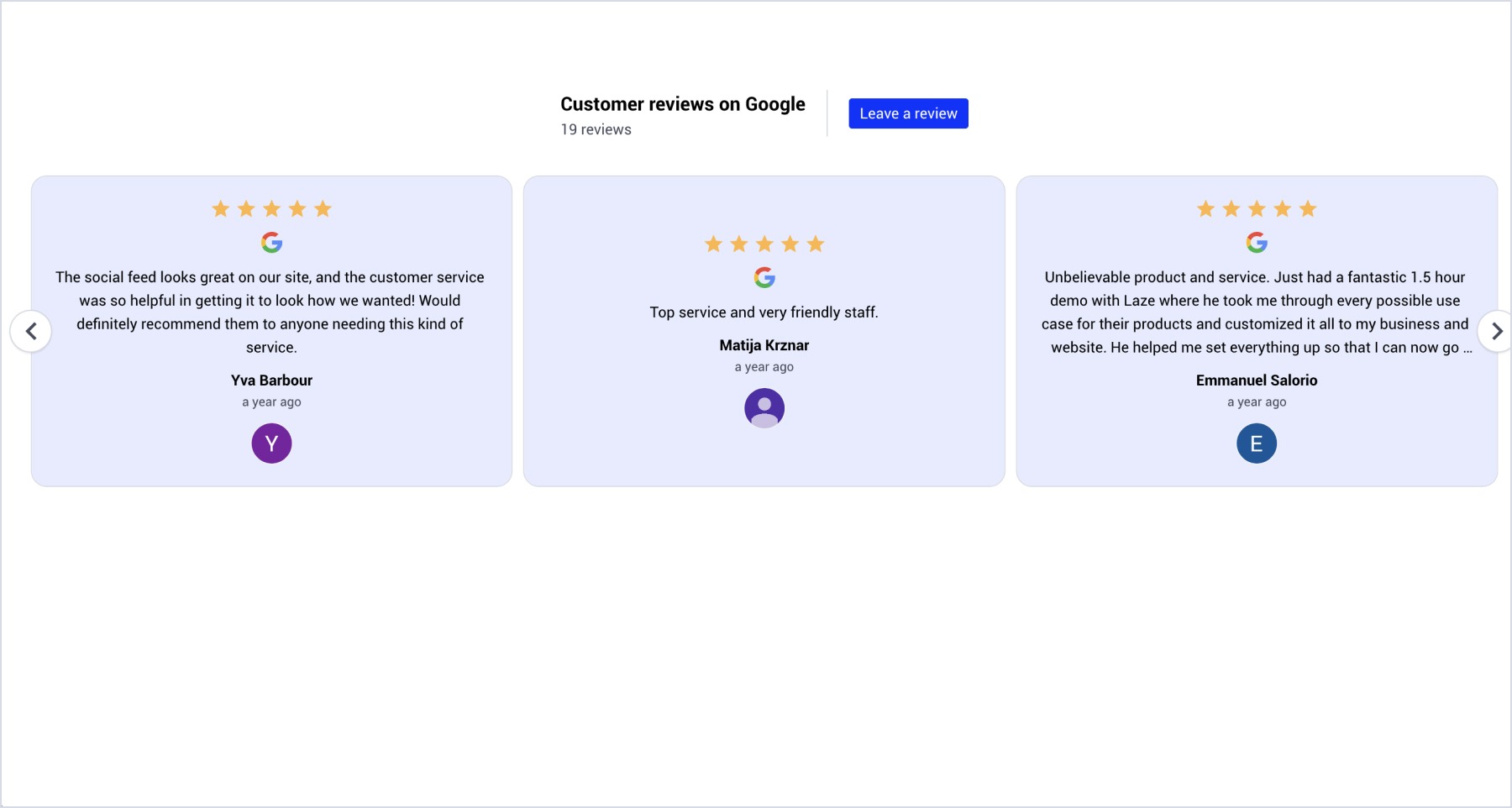 Example of Google reviews widget embedded in Volusion