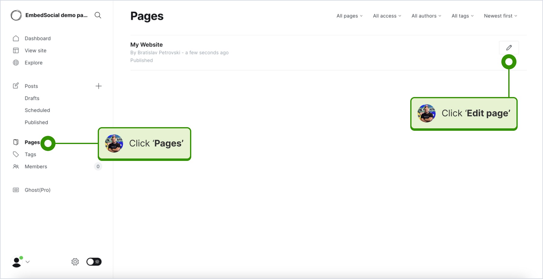click on pages and edit page