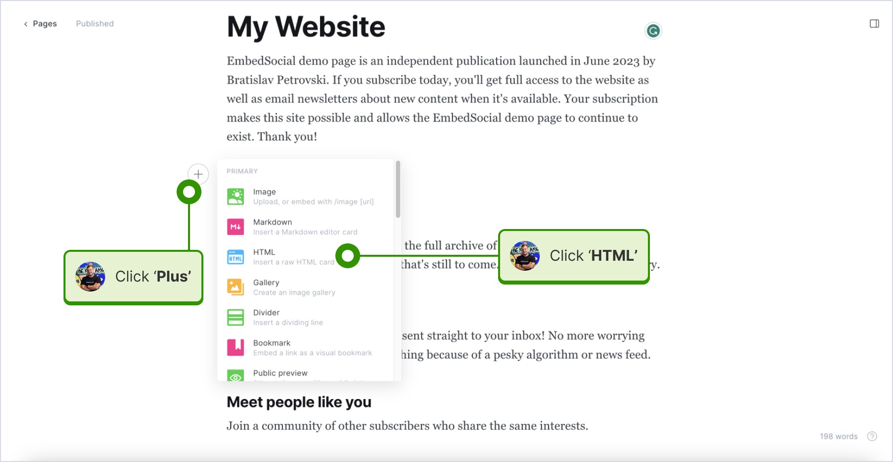 clicking on the plus sign and html
