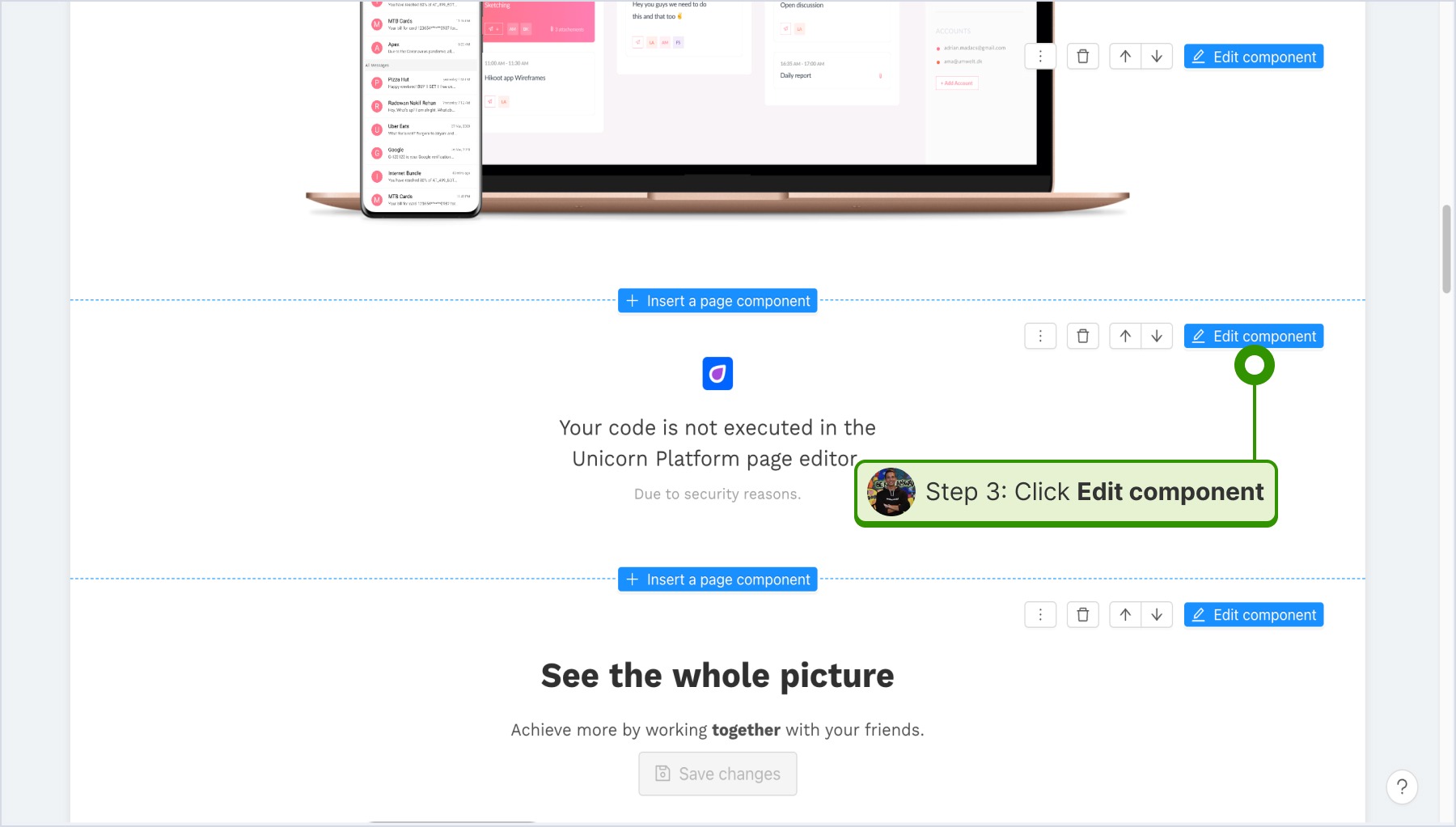 clicking on edit component