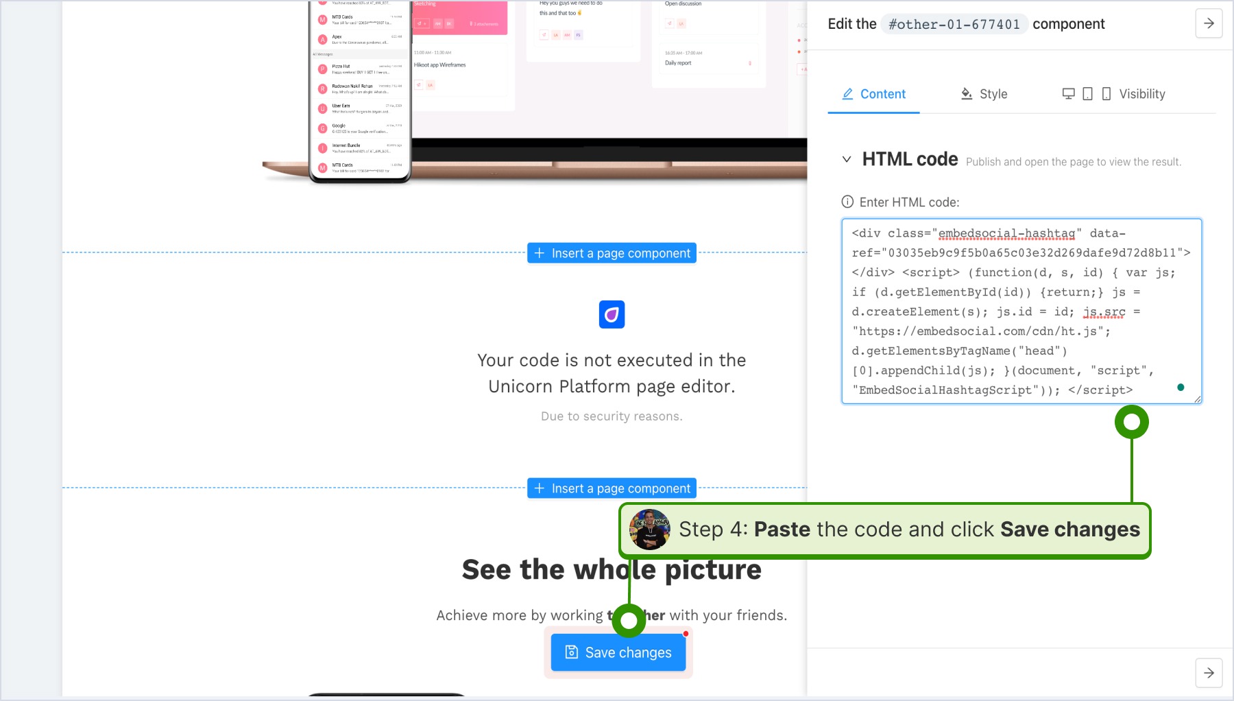 paste of the code inside the HTML box and Save changes