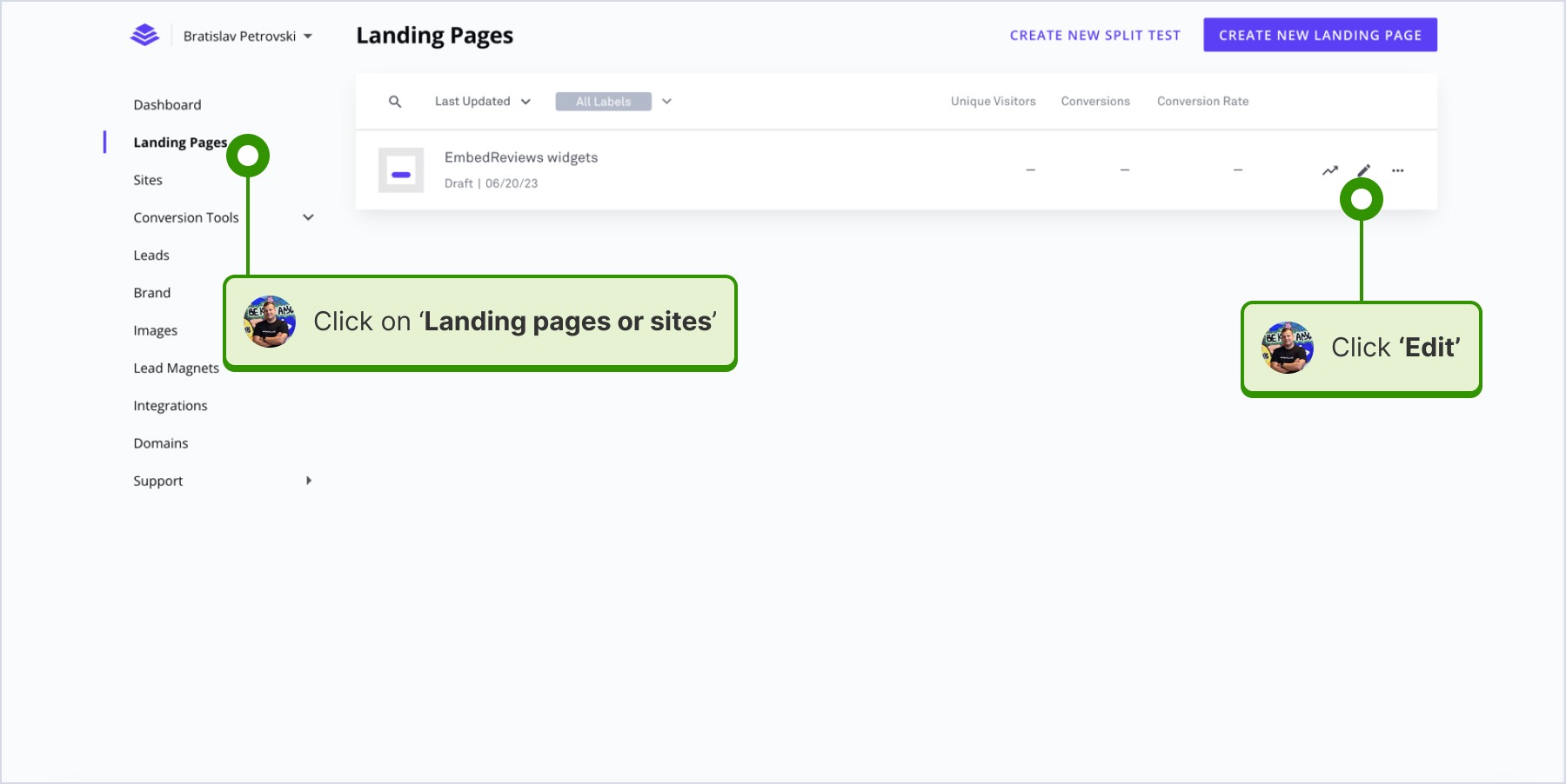Clicking on landing pages or sites and click edit