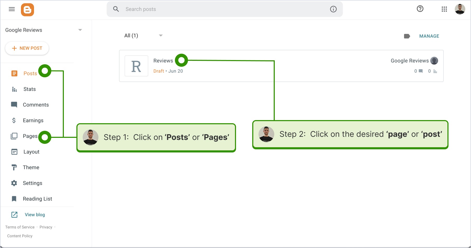 Navigating to the posts or pages section and selecting the desired one